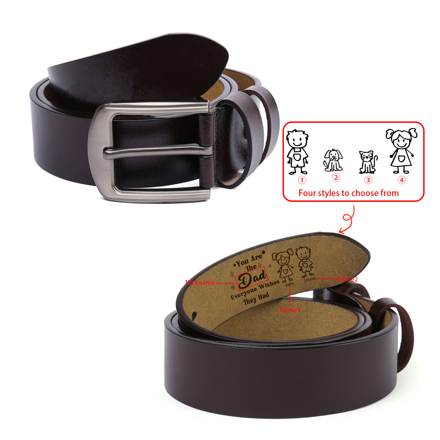 Personalised Men's Leather Belt Custom 1-6 Names With & Choice of 4 Icons Brown and Black Gift for Dad | Jessemade