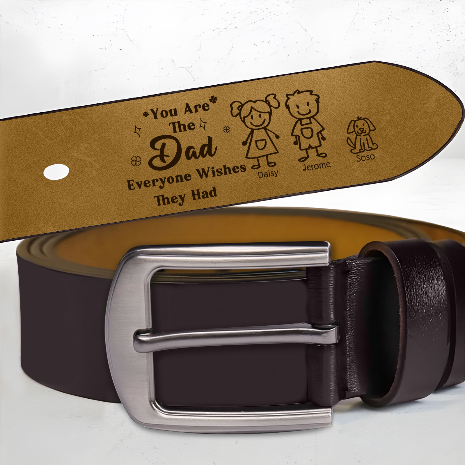 Personalised Men's Leather Belt Custom 1-6 Names With & Choice of 4 Icons Brown and Black Gift for Dad | Jessemade