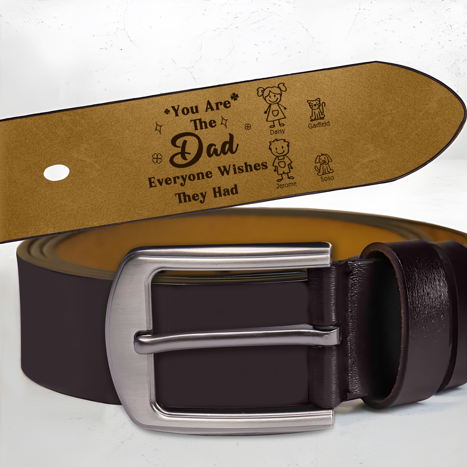 Personalised Men's Leather Belt Custom 1-6 Names With & Choice of 4 Icons Brown and Black Gift for Dad | Jessemade