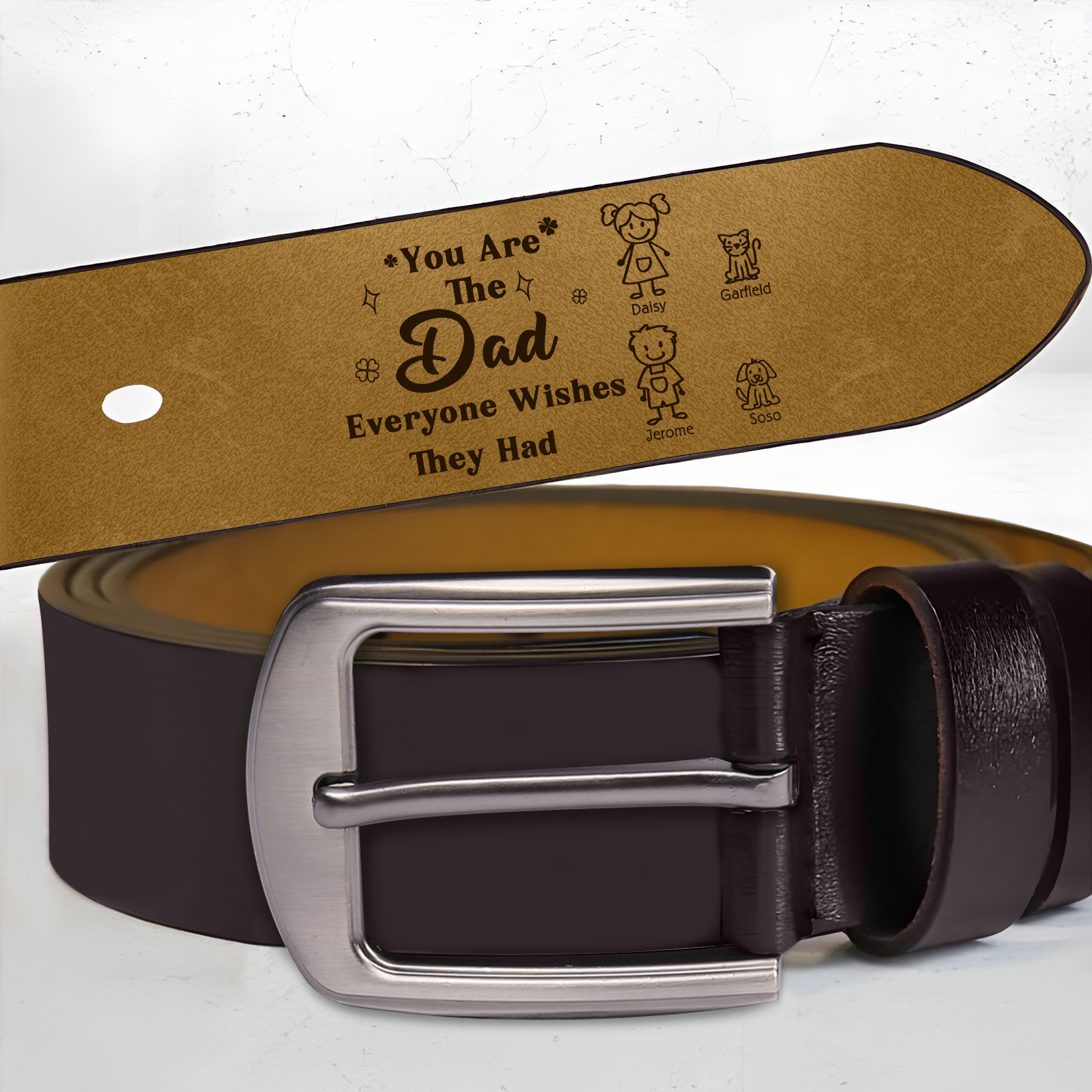 Personalised Men's Leather Belt Custom 1-6 Names With & Choice of 4 Icons Brown and Black Gift for Dad | Jessemade