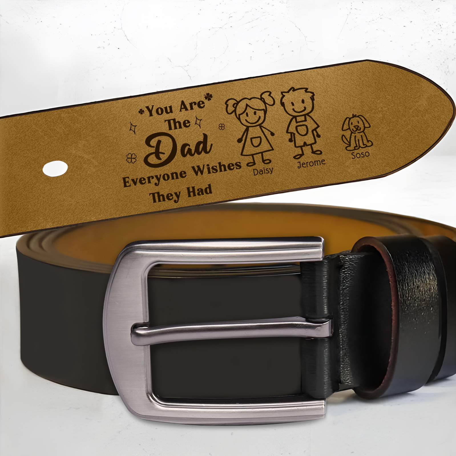 Personalised Men's Leather Belt Custom 1-6 Names With & Choice of 4 Icons Brown and Black Gift for Dad | Jessemade