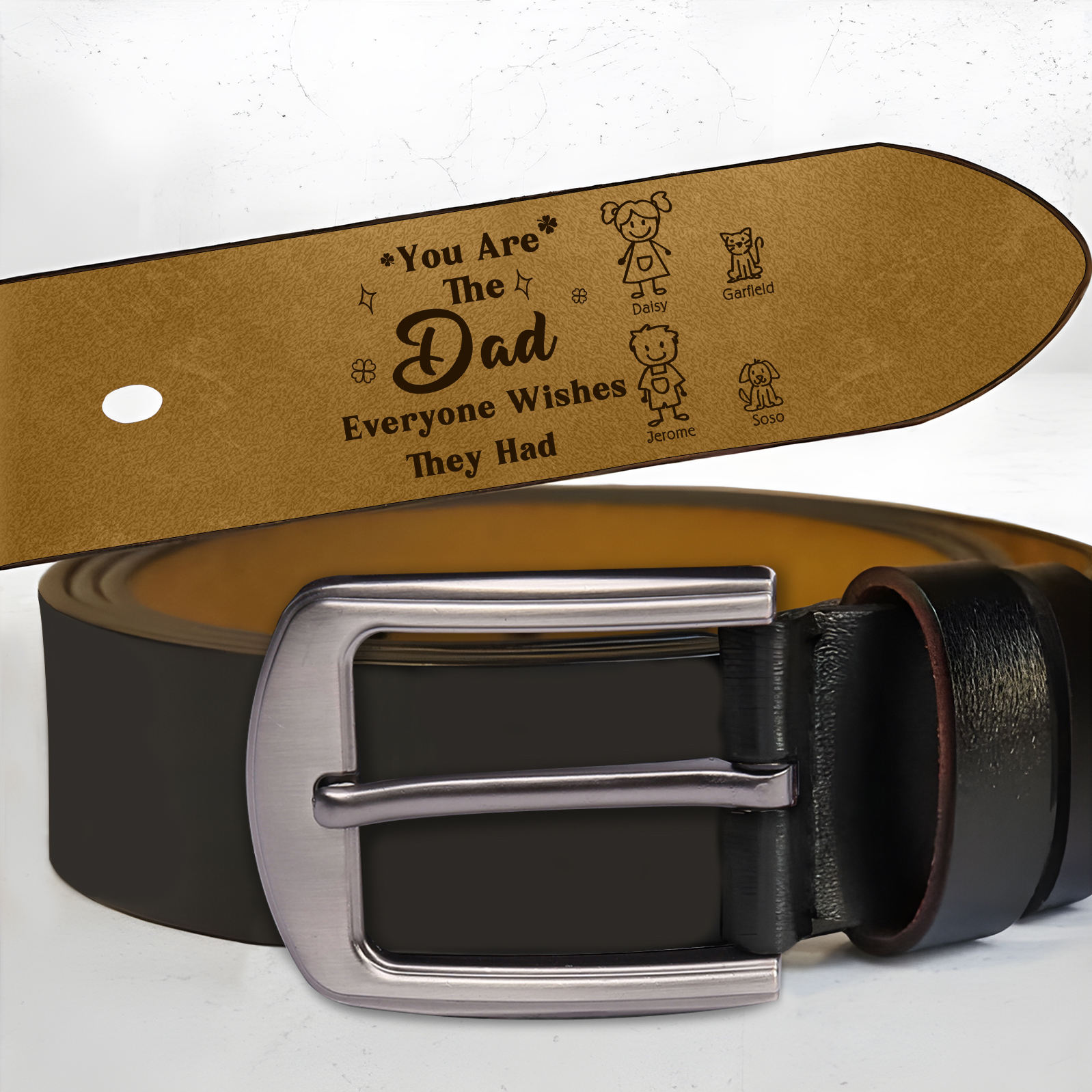 Personalised Men's Leather Belt Custom 1-6 Names With & Choice of 4 Icons Brown and Black Gift for Dad | Jessemade