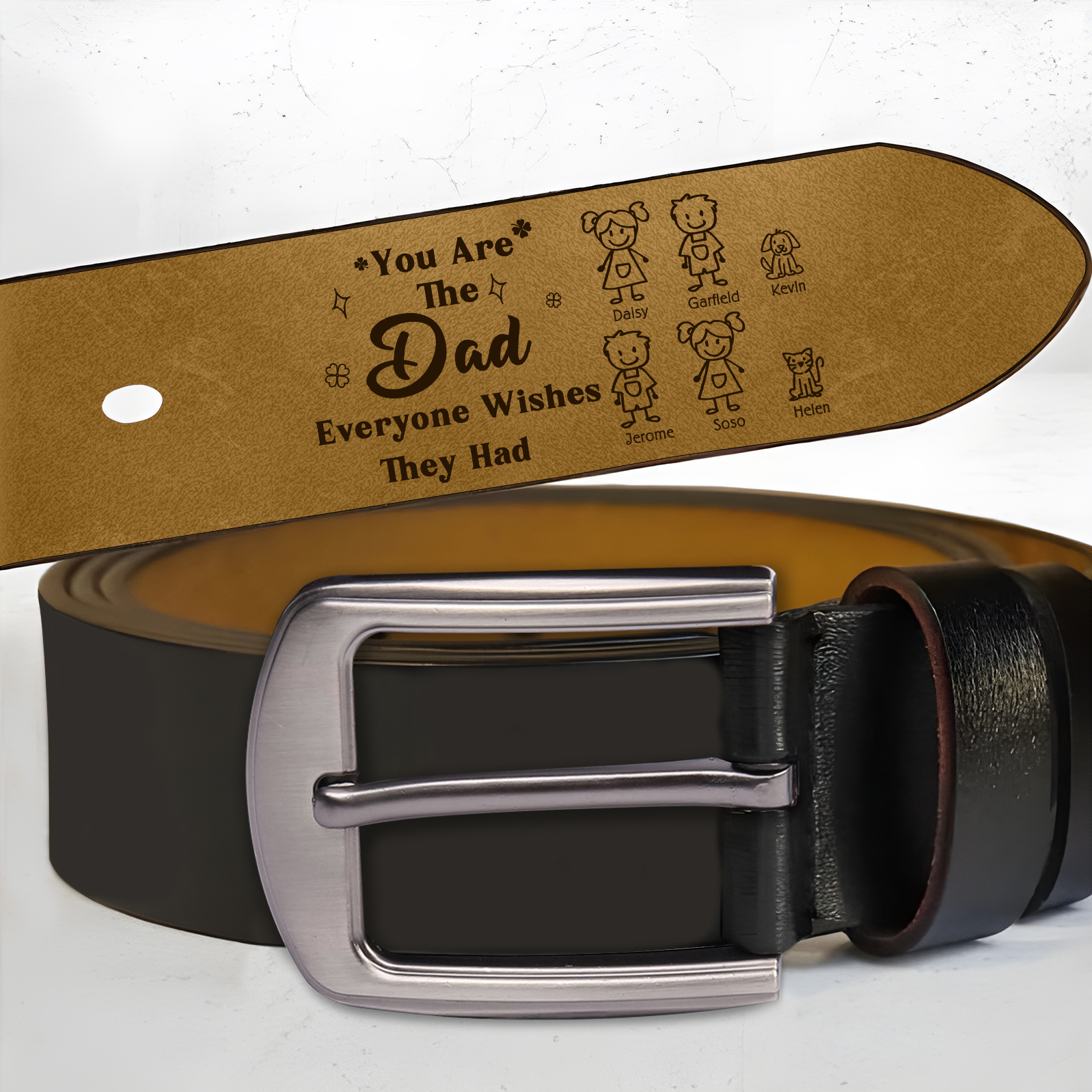 Personalised Men's Leather Belt Custom 1-6 Names With & Choice of 4 Icons Brown and Black Gift for Dad | Jessemade