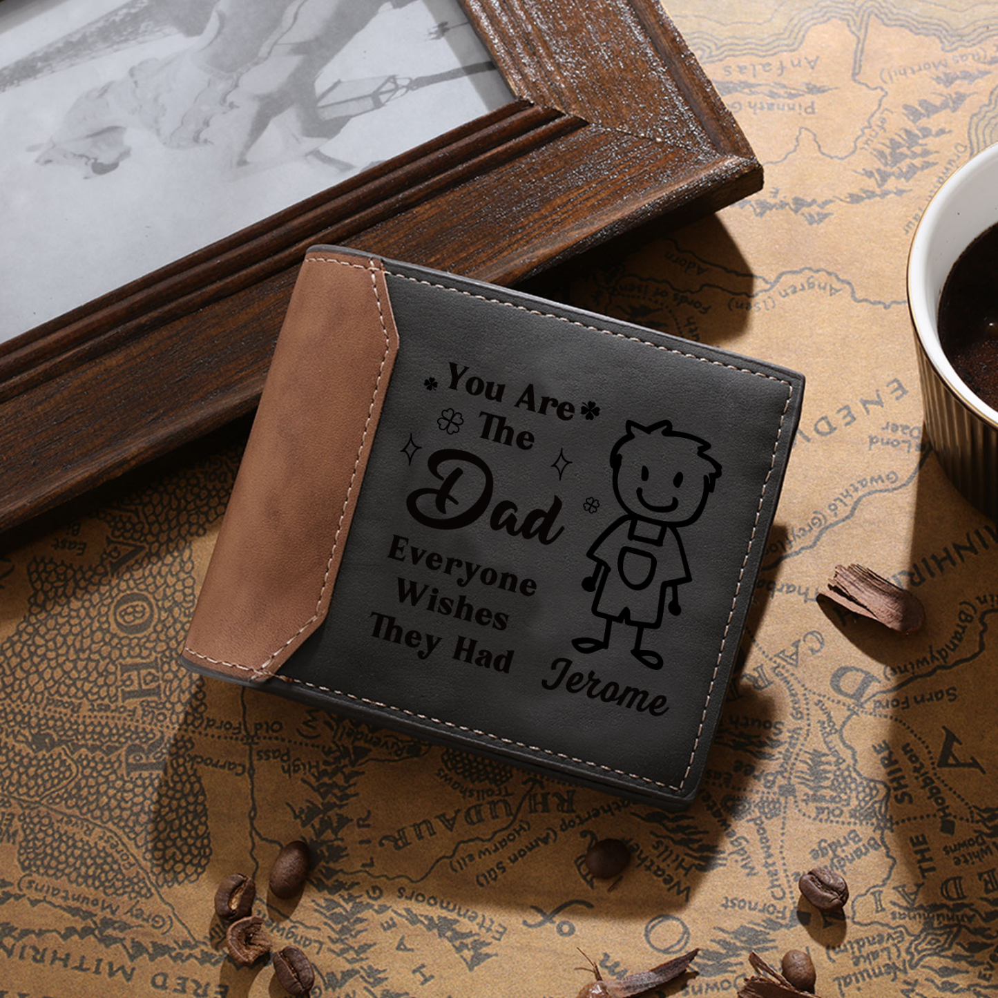 [Copy]Best Dad Ever - Custom 2 Names & 1 Text Billfold Wallet Personalised Fist Bump Men's Leather Wallet