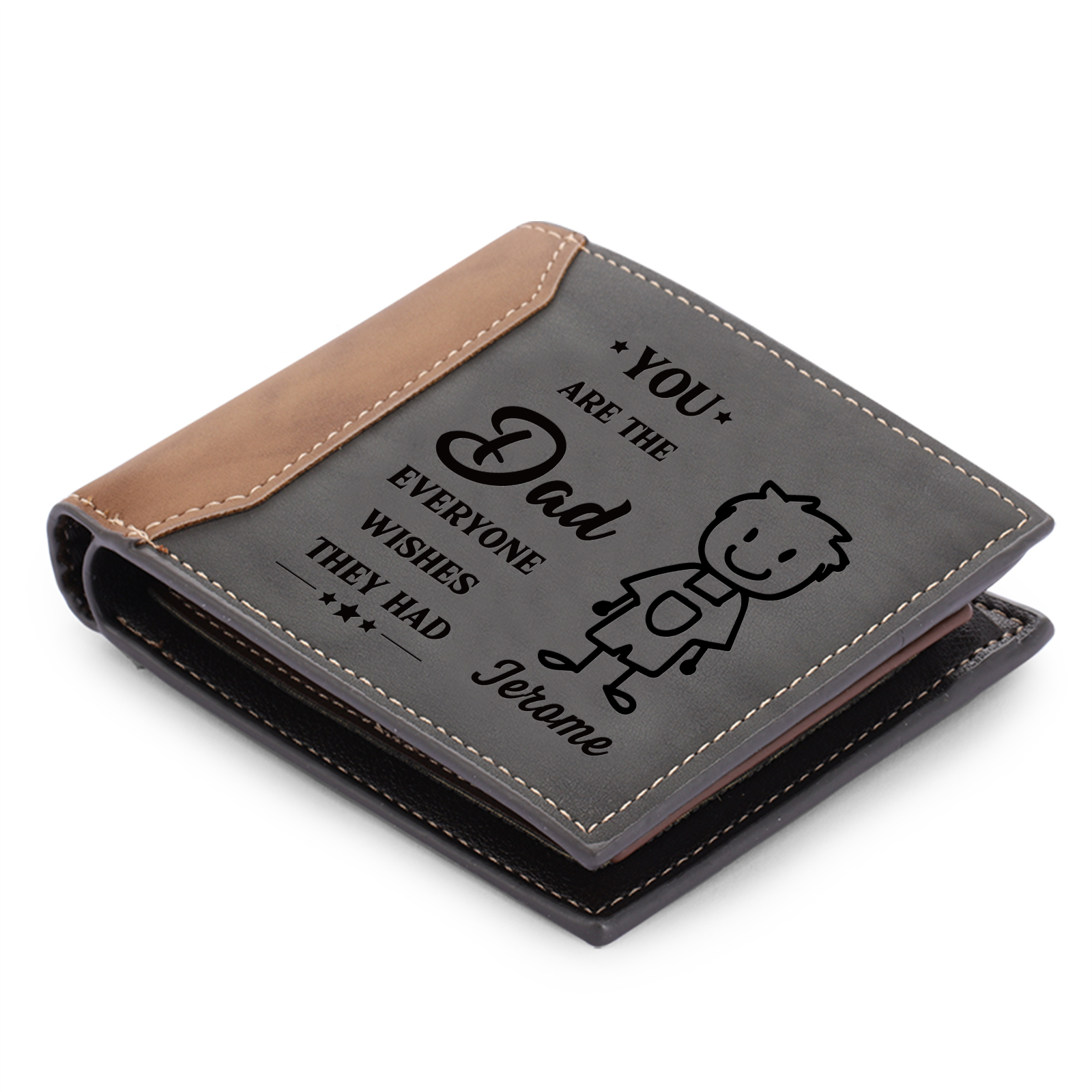 [Copy]Best Dad Ever - Custom 2 Names & 1 Text Billfold Wallet Personalised Fist Bump Men's Leather Wallet