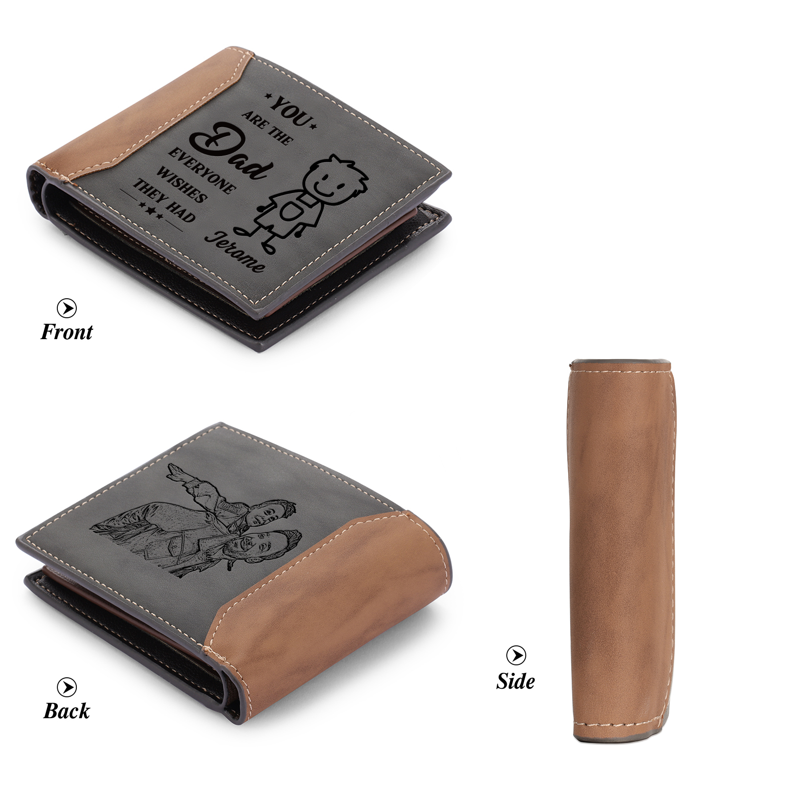 [Copy]Best Dad Ever - Custom 2 Names & 1 Text Billfold Wallet Personalised Fist Bump Men's Leather Wallet