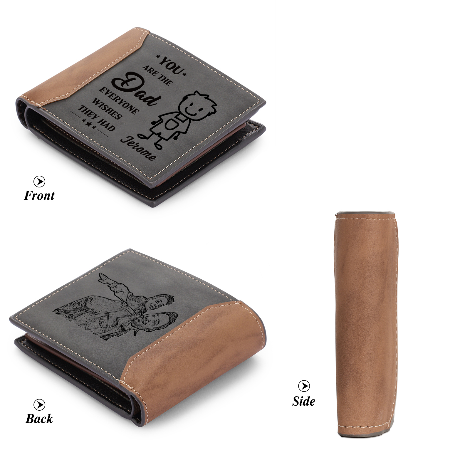 [Copy]Best Dad Ever - Custom 2 Names & 1 Text Billfold Wallet Personalised Fist Bump Men's Leather Wallet