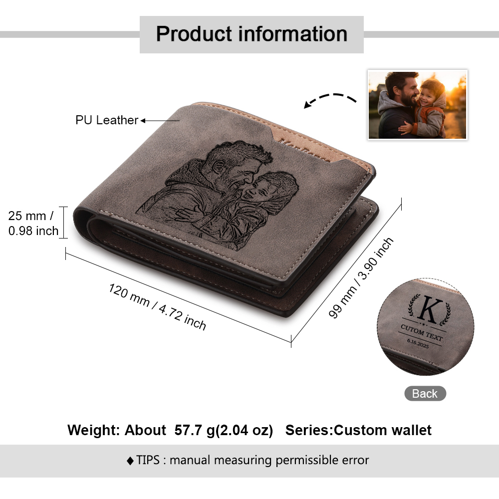 Custom Engraved Men’s Leather Wallet – Personalized with 1 Photo, Name, Initial, and Date | Jessemade