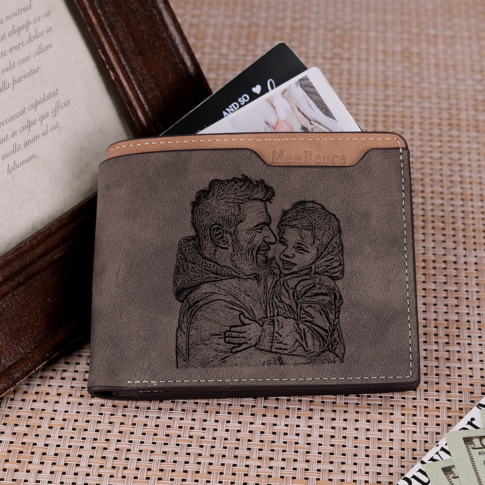 Custom Engraved Men’s Leather Wallet – Personalized with 1 Photo, Name, Initial, and Date | Jessemade