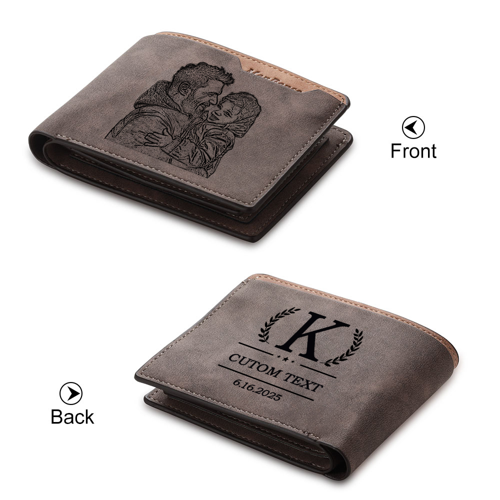 Custom Engraved Men’s Leather Wallet – Personalized with 1 Photo, Name, Initial, and Date | Jessemade