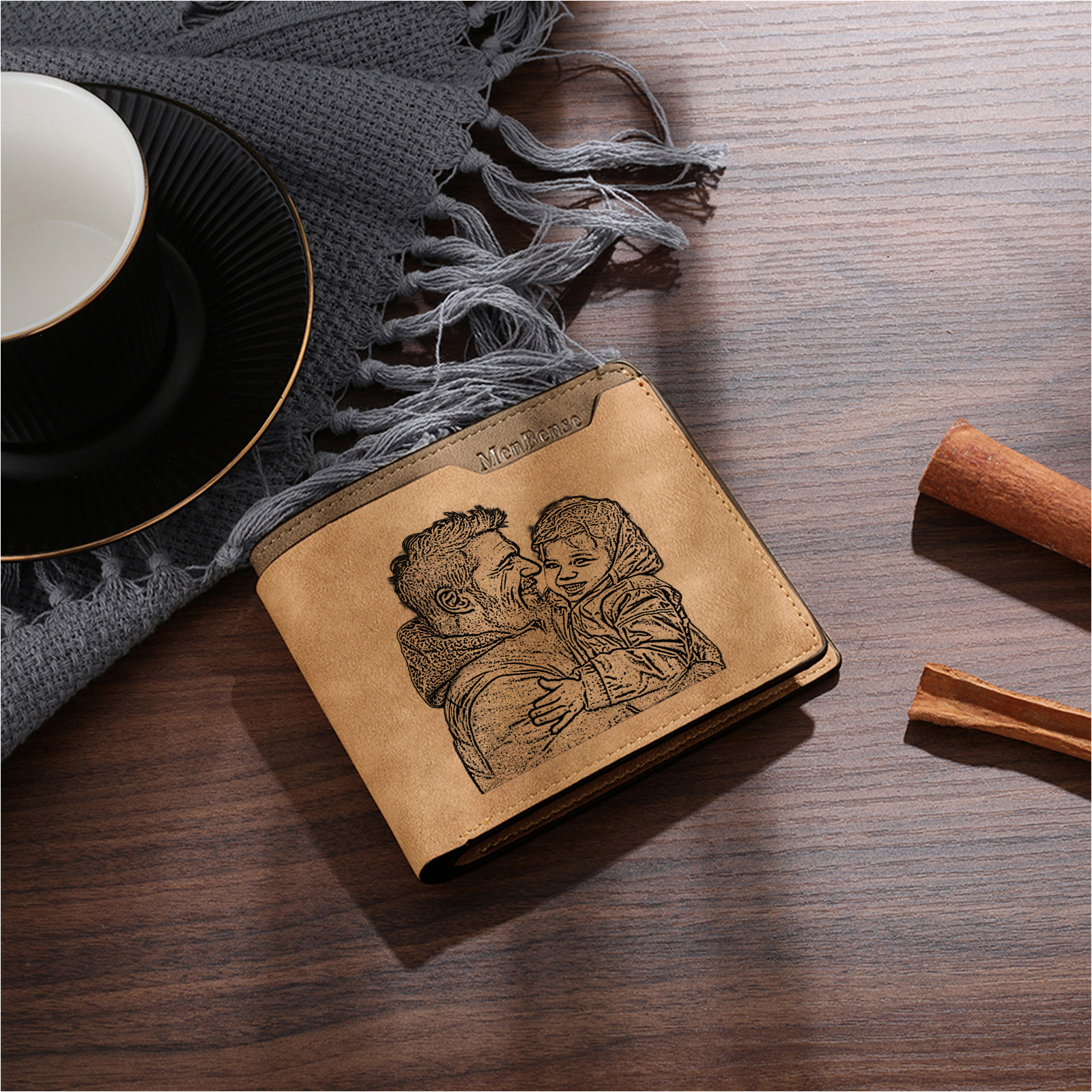 Custom Engraved Men’s Leather Wallet – Personalized with 1 Photo, Name, Initial, and Date | Jessemade