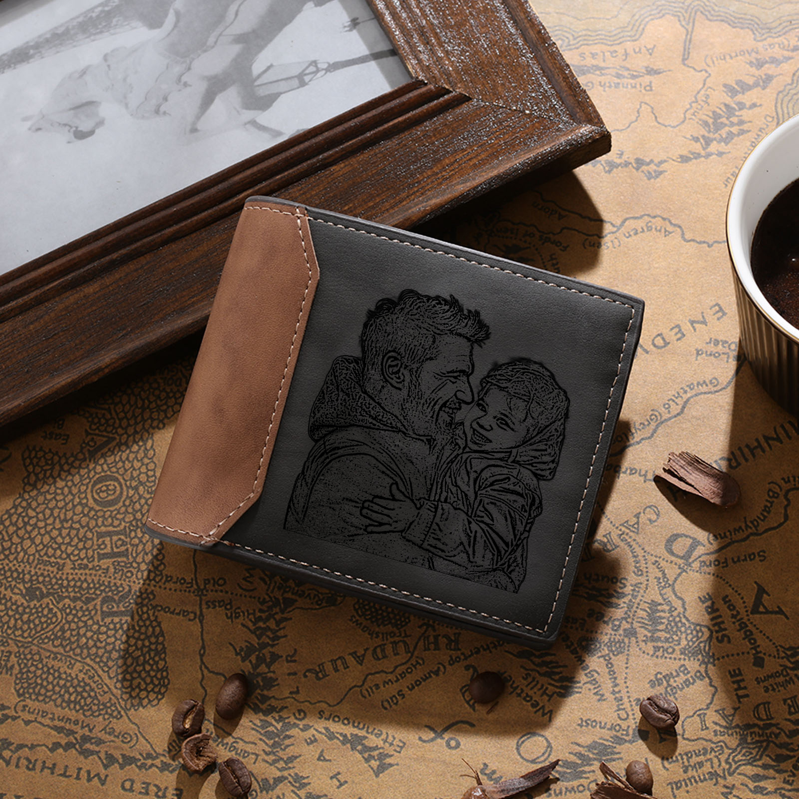 Custom Engraved Men’s Leather Wallet – Personalized with 1 Photo, Name, Initial, and Date | Jessemade