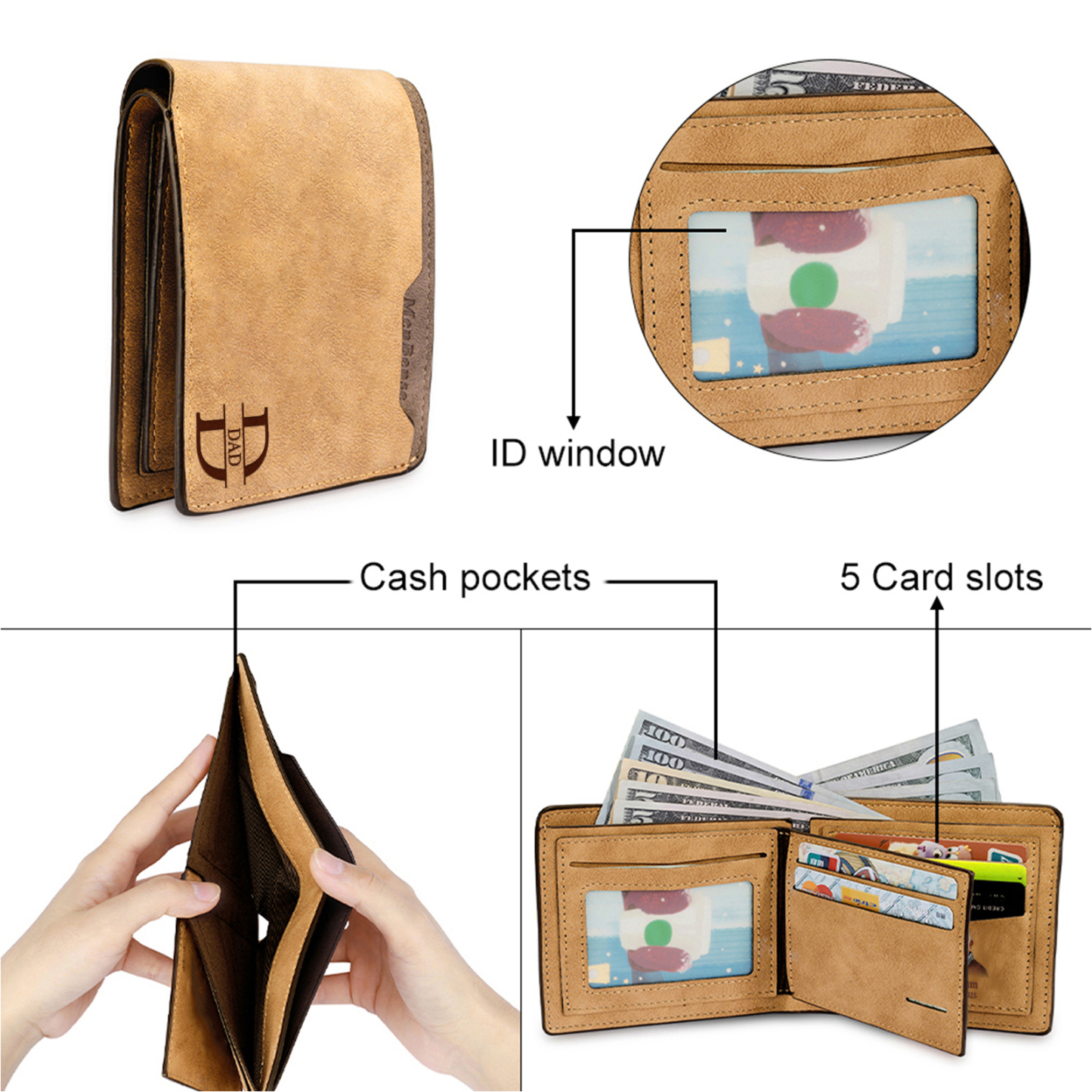 Personalised Dad Fist Wallet – Custom Wallet with 2 Names, Initial, Date, and Photo | Jessemade