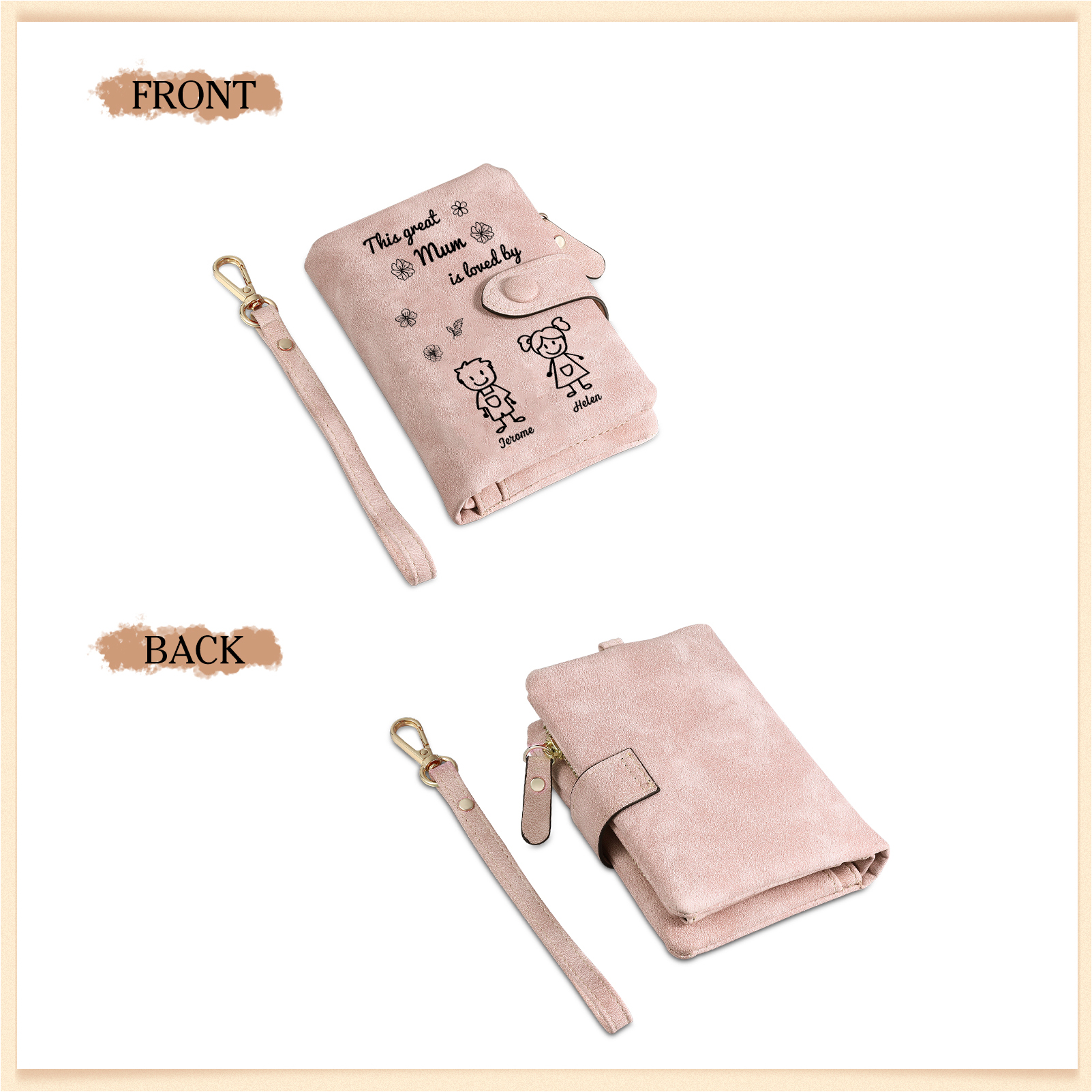 For Mum-Personalised Women Wallet Purse Leather Custom With 2 Names and Kid/Pet  –“This Great Mum Is Loved By" | Mothers' Day Presents | Jessemade