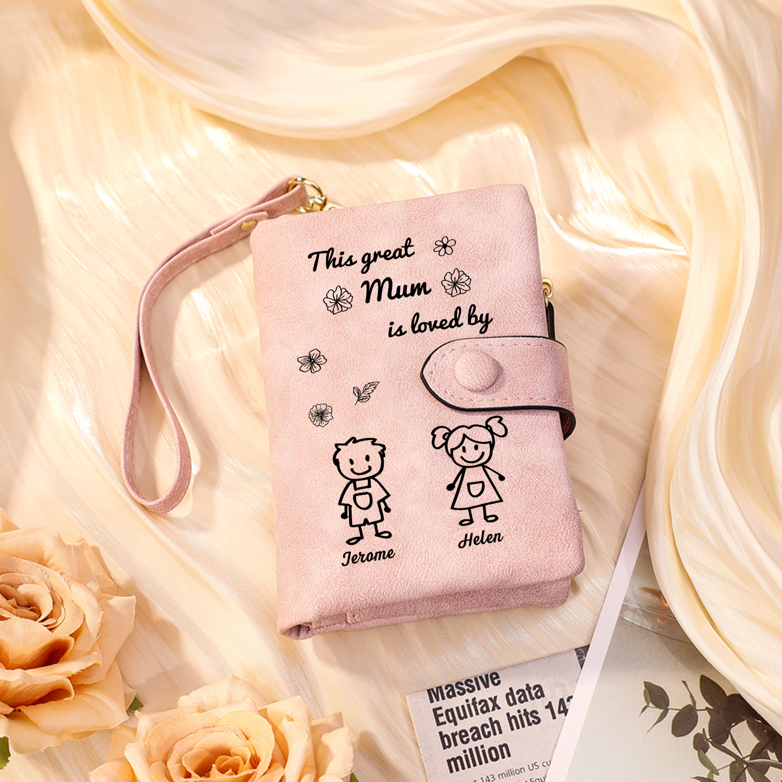 For Mum-Personalised Women Wallet Purse Leather Custom With 2 Names and Kid/Pet  –“This Great Mum Is Loved By" | Mothers' Day Presents | Jessemade