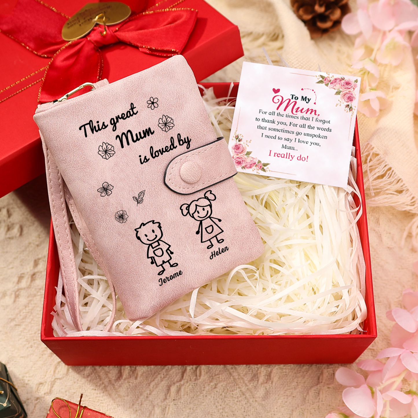 For Mum-Personalised Women Wallet Purse Leather Custom With 2 Names and Kid/Pet  –“This Great Mum Is Loved By" | Mothers' Day Presents | Jessemade