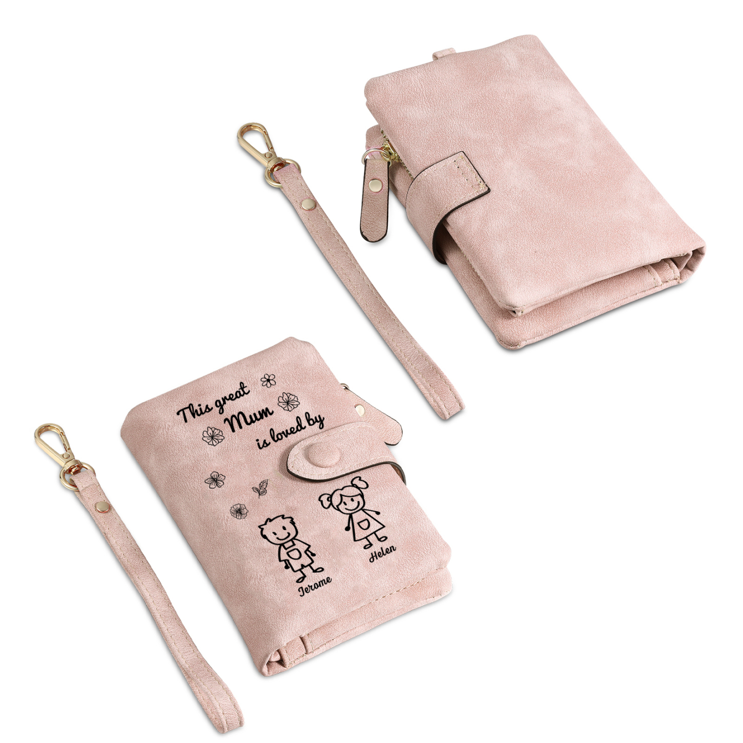 For Mum-Personalised Women Wallet Purse Leather Custom With 2 Names and Kid/Pet  –“This Great Mum Is Loved By" | Mothers' Day Presents | Jessemade