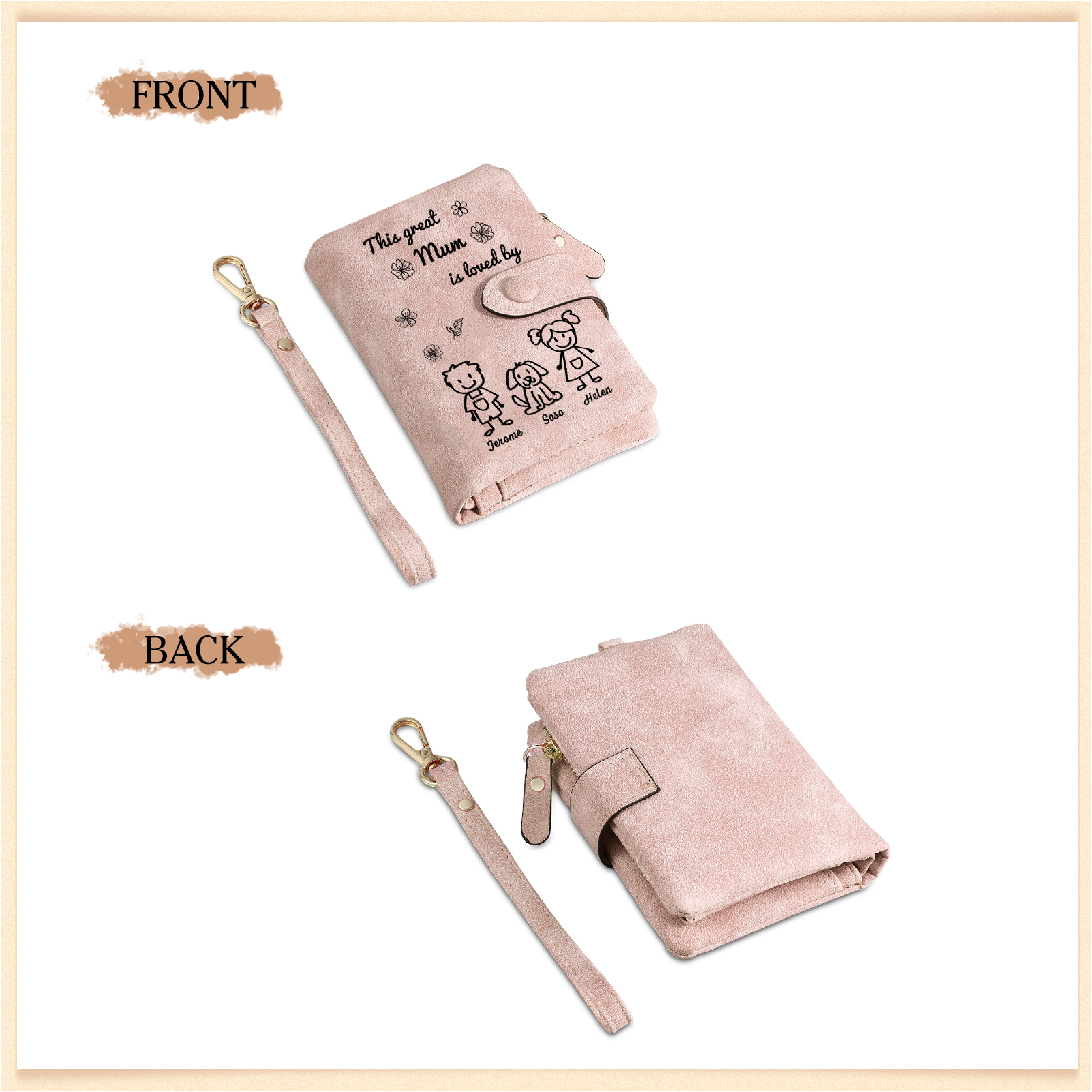 For Mum-Personalised Women Wallet Purse Leather Custom With 3 Names and Kid/Pet  –“This Great Mum Is Loved By" | Mothers' Day Presents | Jessemade