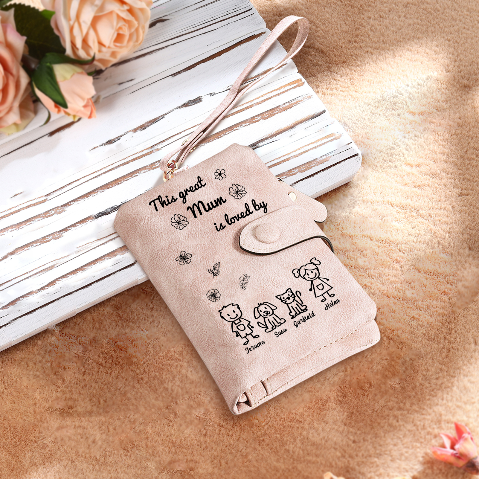 For Mum-Personalised Women Wallet Purse Leather Custom With 4 Names and Kid/Pet  –“This Great Mum Is Loved By" | Mothers' Day Presents | Jessemade
