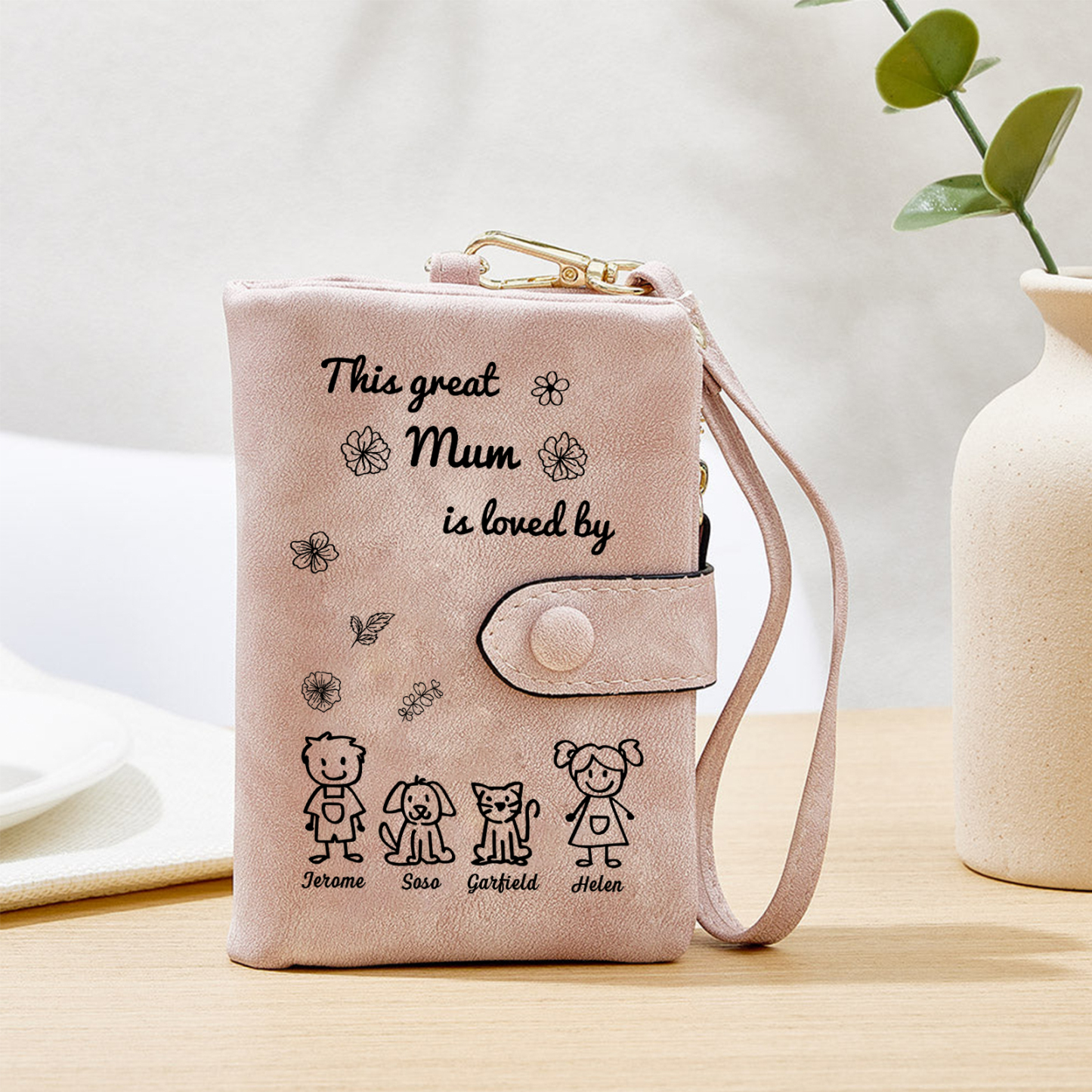 For Mum-Personalised Women Wallet Purse Leather Custom With 4 Names and Kid/Pet  –“This Great Mum Is Loved By" | Mothers' Day Presents | Jessemade