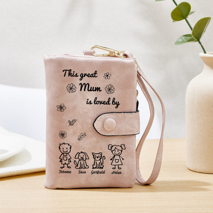 For Mum-Personalised Women Wallet Purse Leather Custom With 4 Names and Kid/Pet  –“This Great Mum Is Loved By" | Mothers' Day Presents | Jessemade