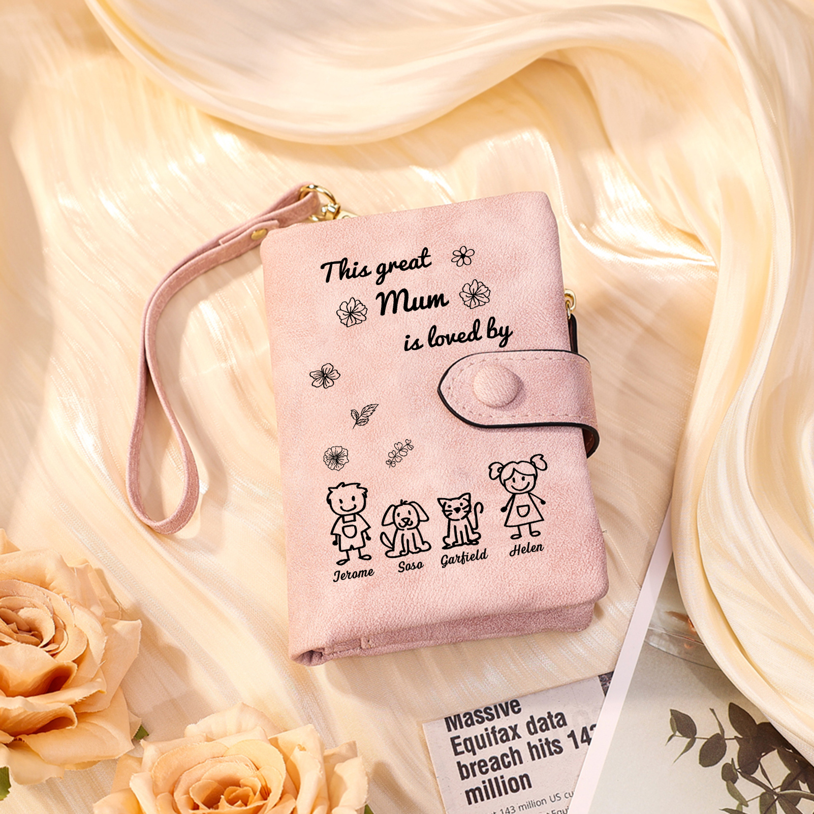 For Mum-Personalised Women Wallet Purse Leather Custom With 4 Names and Kid/Pet  –“This Great Mum Is Loved By" | Mothers' Day Presents | Jessemade