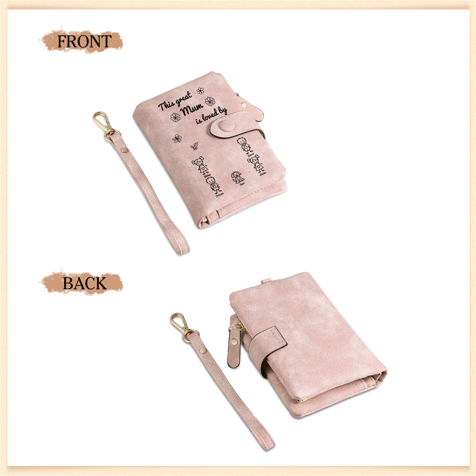 For Mum-Personalised Women Wallet Purse Leather Custom With 5 Names and Kid/Pet  –“This Great Mum Is Loved By" | Mothers' Day Presents | Jessemade