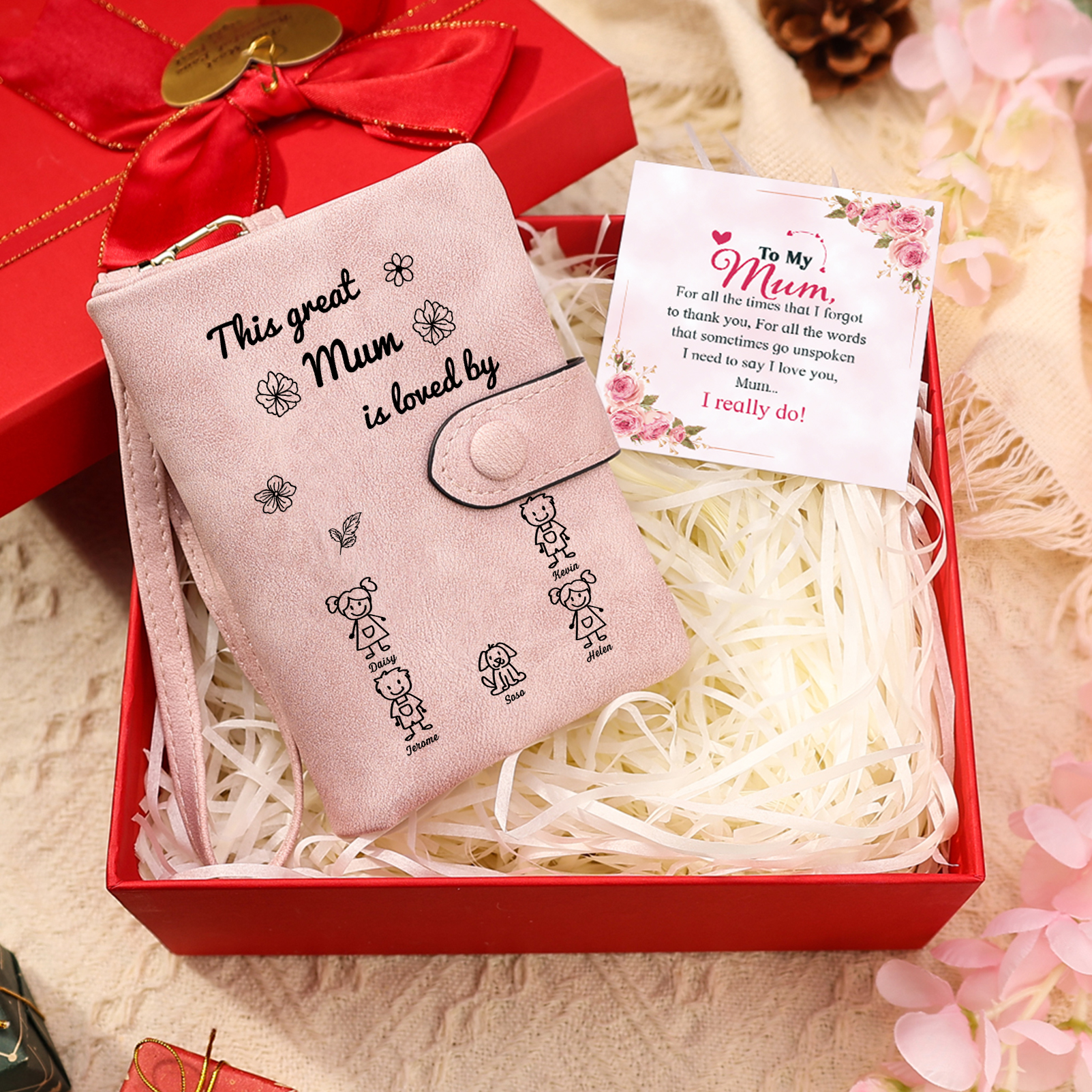 For Mum-Personalised Women Wallet Purse Leather Custom With 5 Names and Kid/Pet  –“This Great Mum Is Loved By" | Mothers' Day Presents | Jessemade