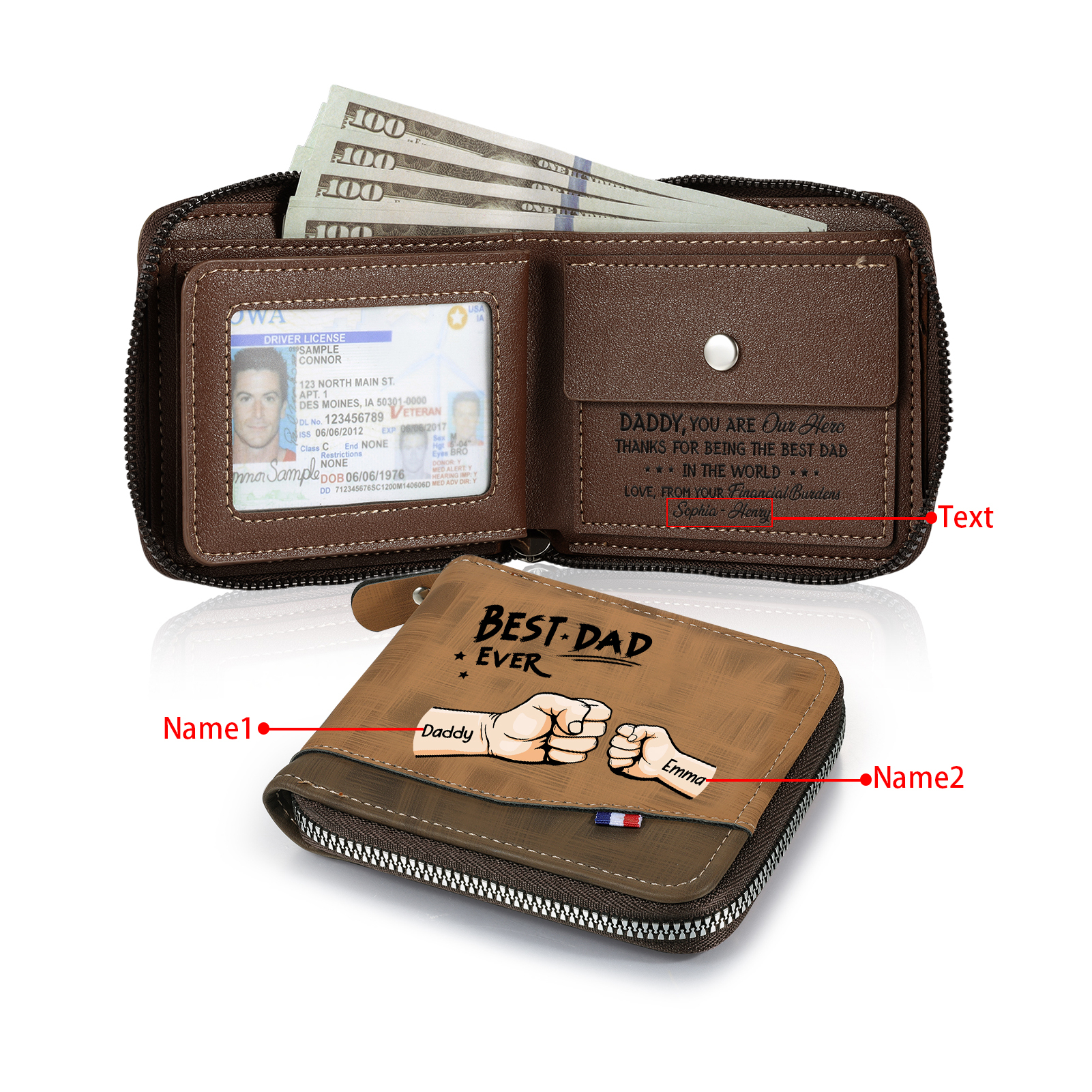 Personalised Wallet for Dad – Customise with 2 Names and 1 Message | Jessemade