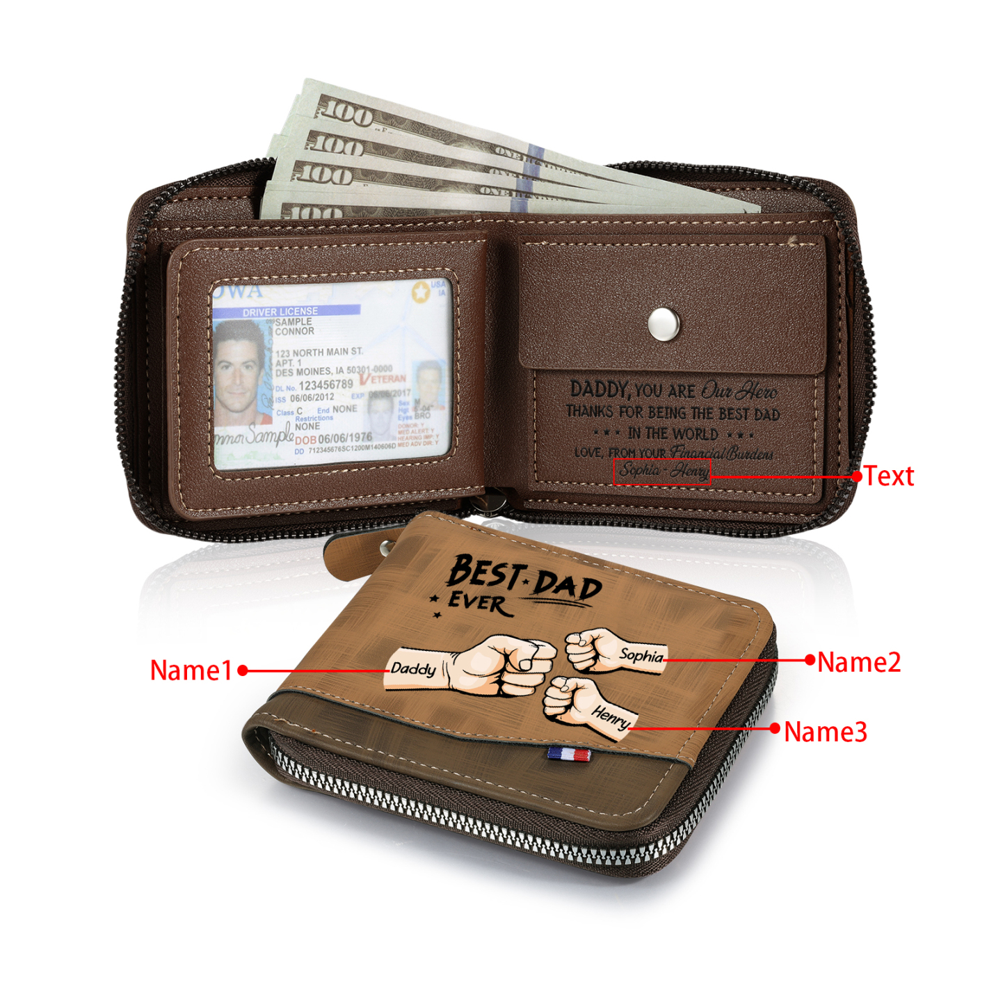 Personalised Wallet for Dad – Customise with 3 Names and 1 Message | Jessemade