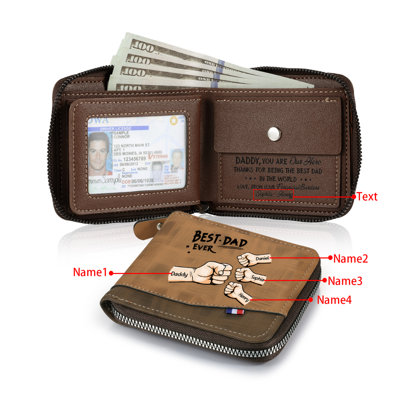 Personalised Wallet for Dad – Customise with 4 Names and 1 Message | Jessemade