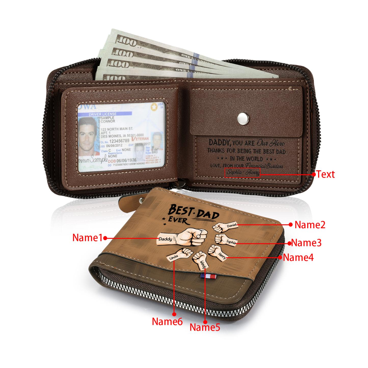 Personalised Wallet for Dad – Customise with 6 Names and 1 Message | Jessemade