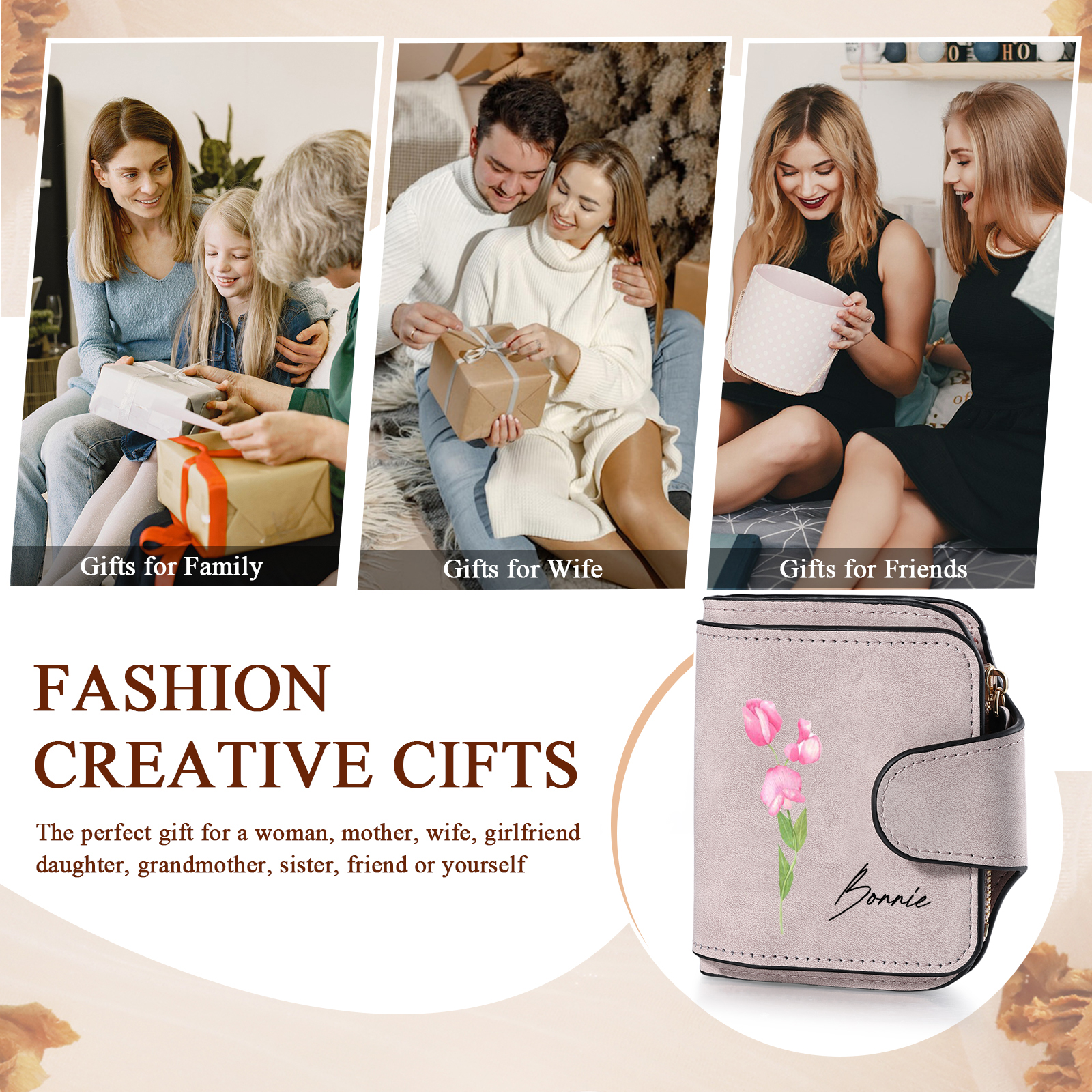 1 Name Personalised Birth Flower Women's Wallet - Custom Purse for Mum | Jessemade