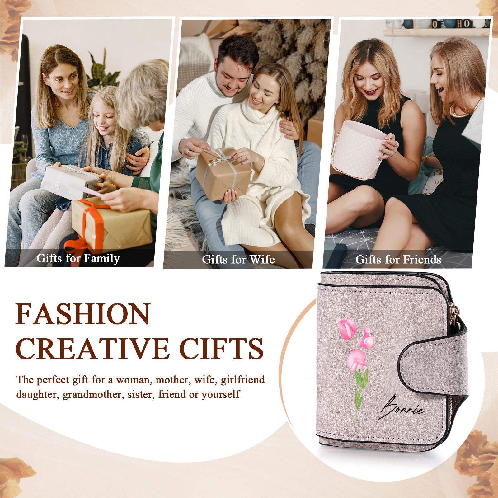 1 Name Personalised Birth Flower Women's Wallet - Custom Purse for Mum | Jessemade