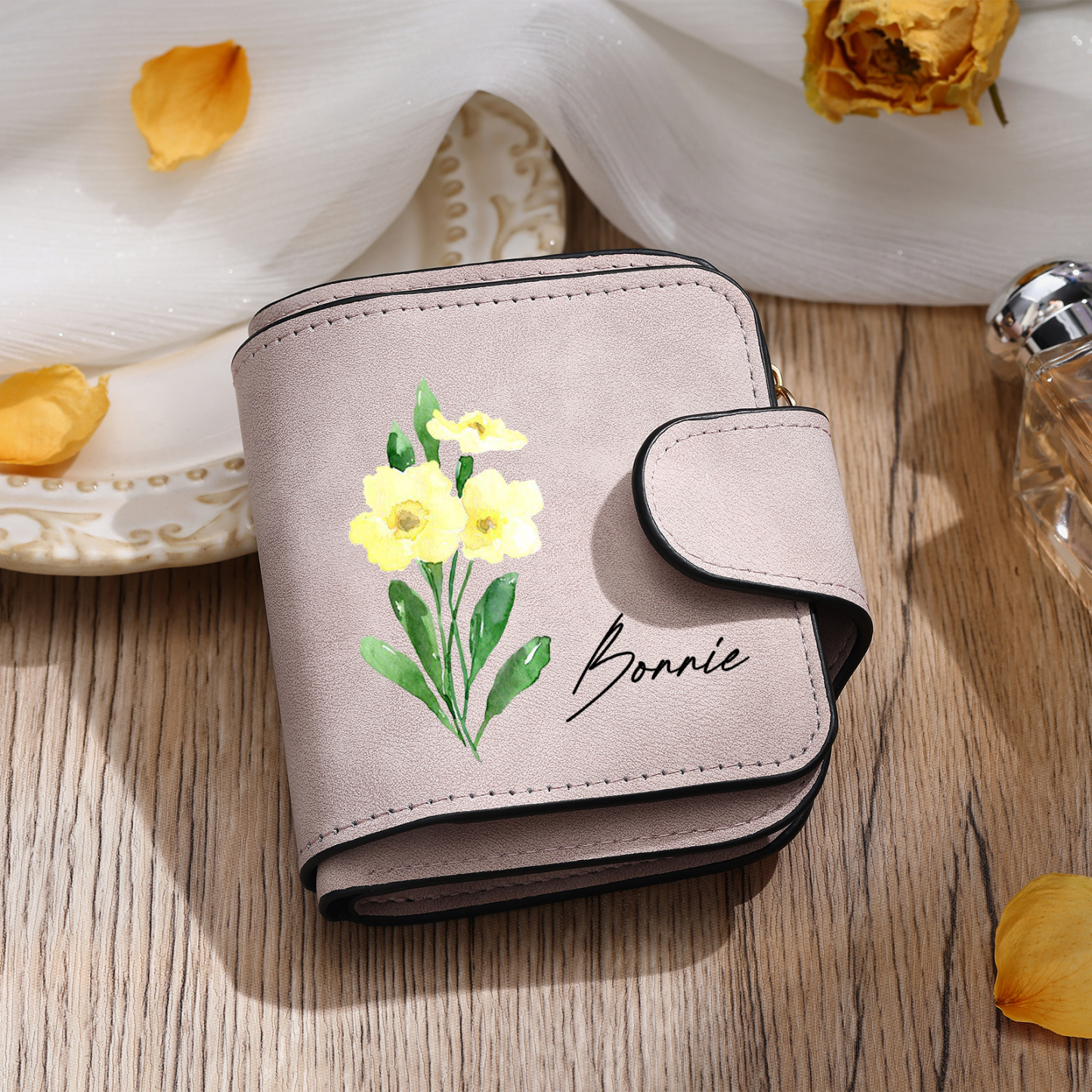 1 Name Personalised Birth Flower Women's Wallet - Custom Purse for Mum | Jessemade