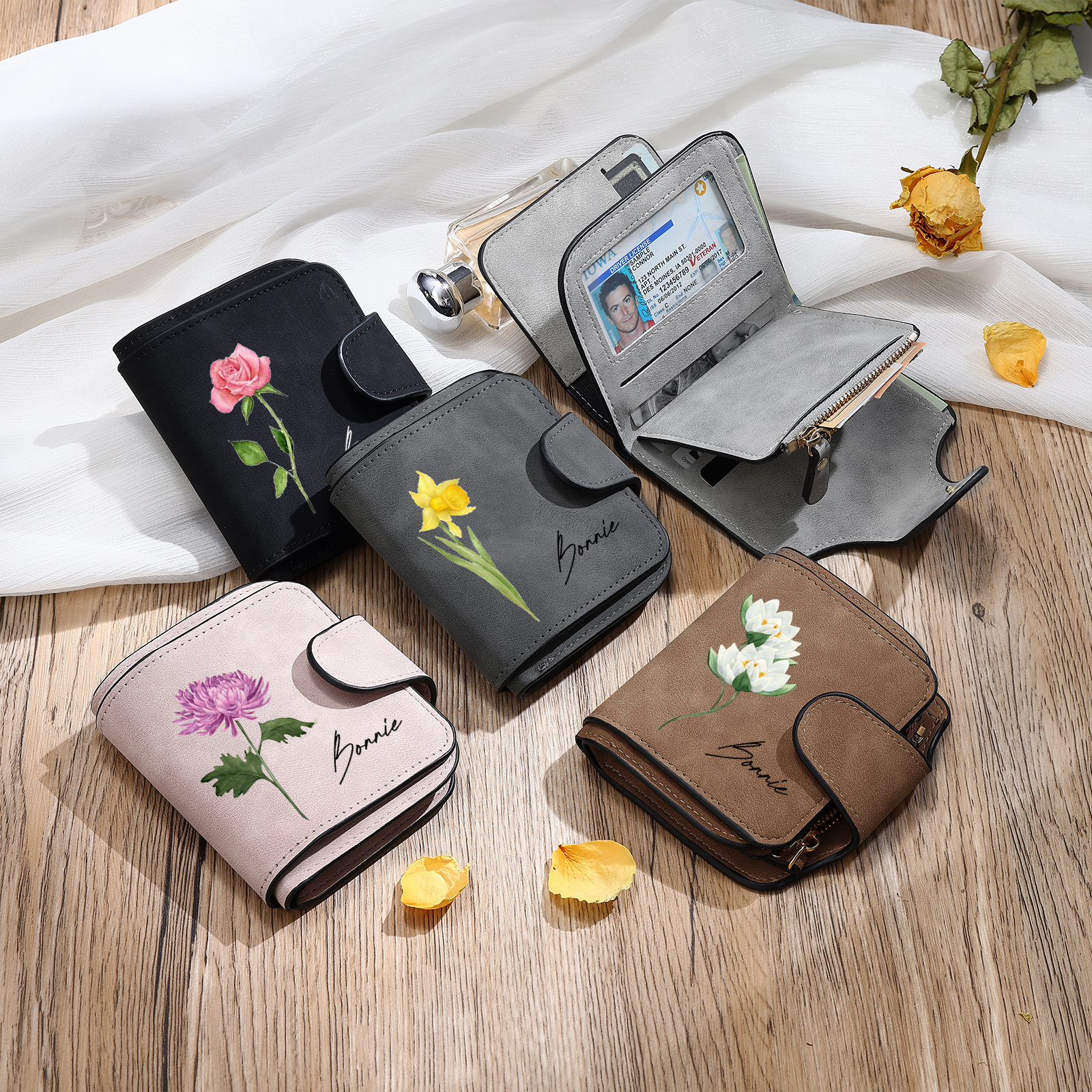 1 Name Personalised Birth Flower Women's Wallet - Custom Purse for Mum | Jessemade