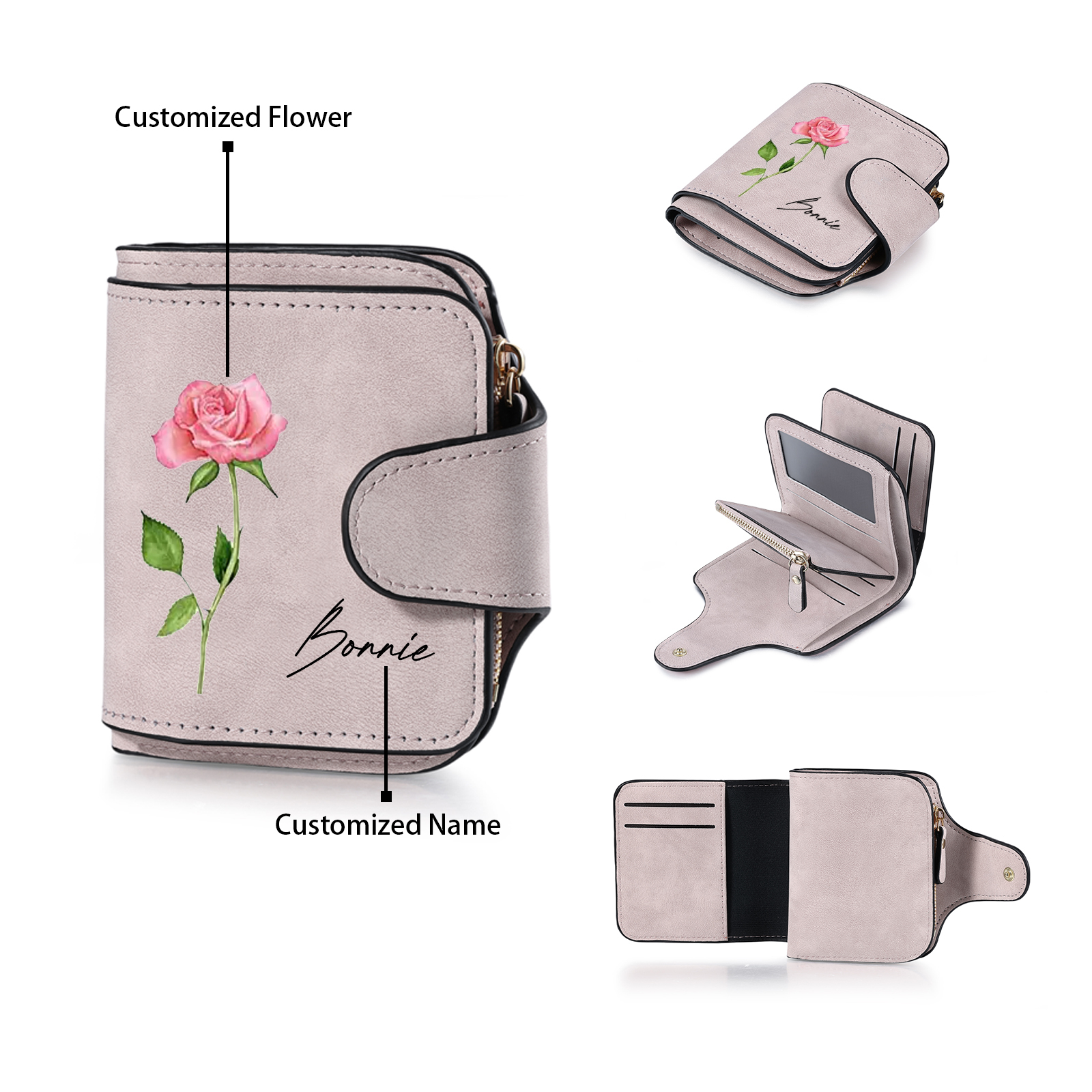 1 Name Personalised Birth Flower Women's Wallet - Custom Purse for Mum | Jessemade