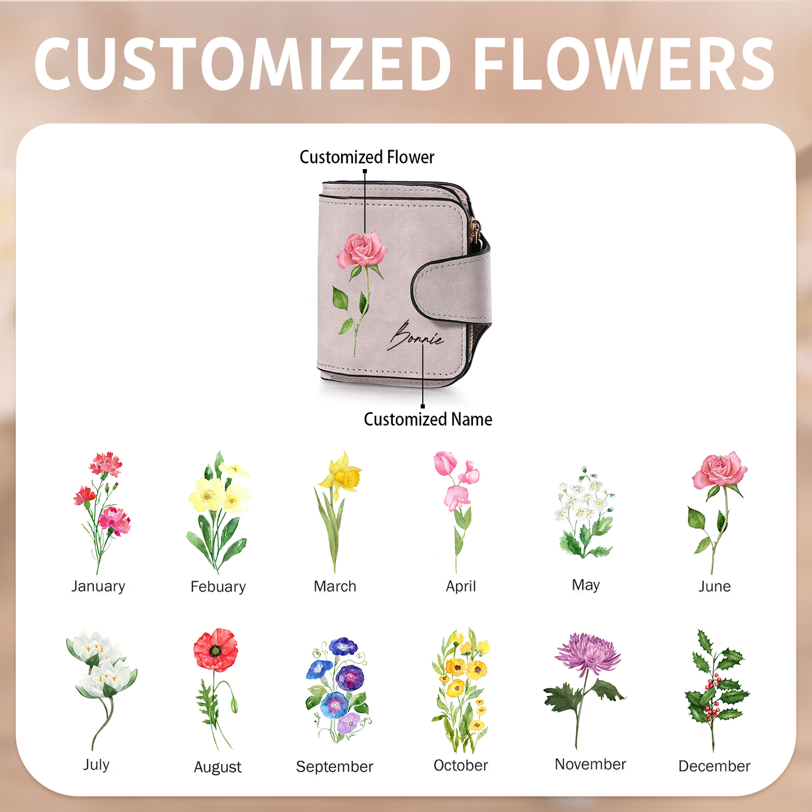 1 Name Personalised Birth Flower Women's Wallet - Custom Purse for Mum | Jessemade