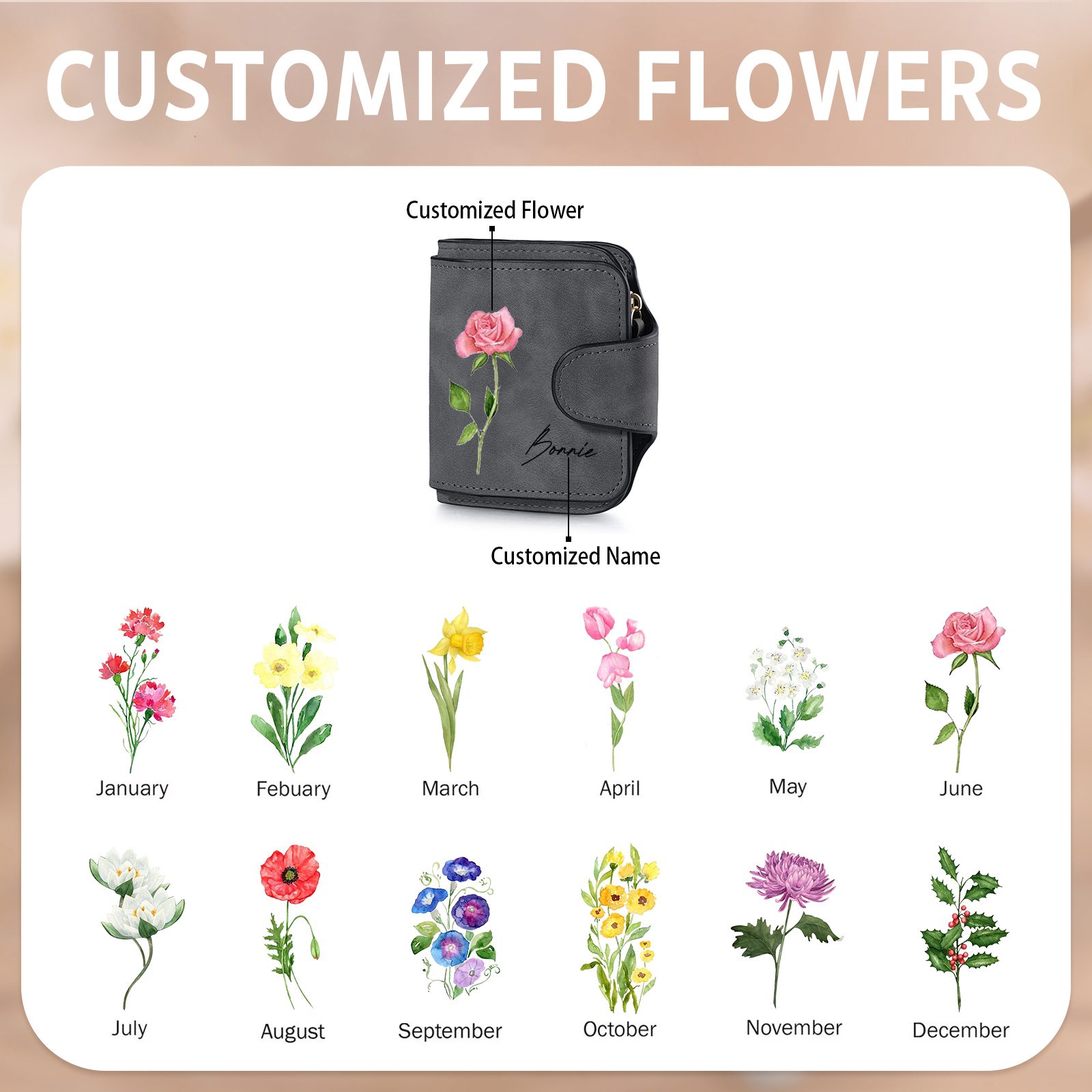 1 Name Personalised Birth Flower Women's Wallet - Custom Purse for Mum | Jessemade