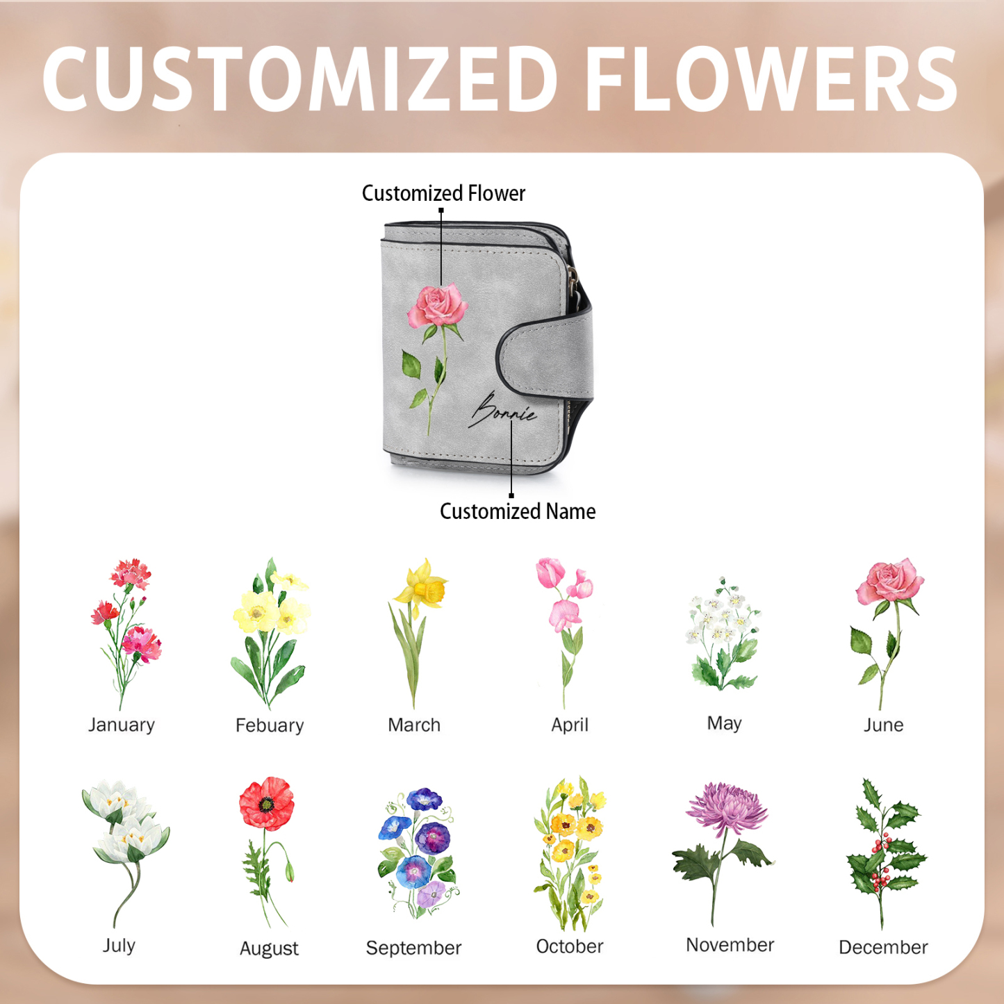 1 Name Personalised Birth Flower Women's Wallet - Custom Purse for Mum | Jessemade