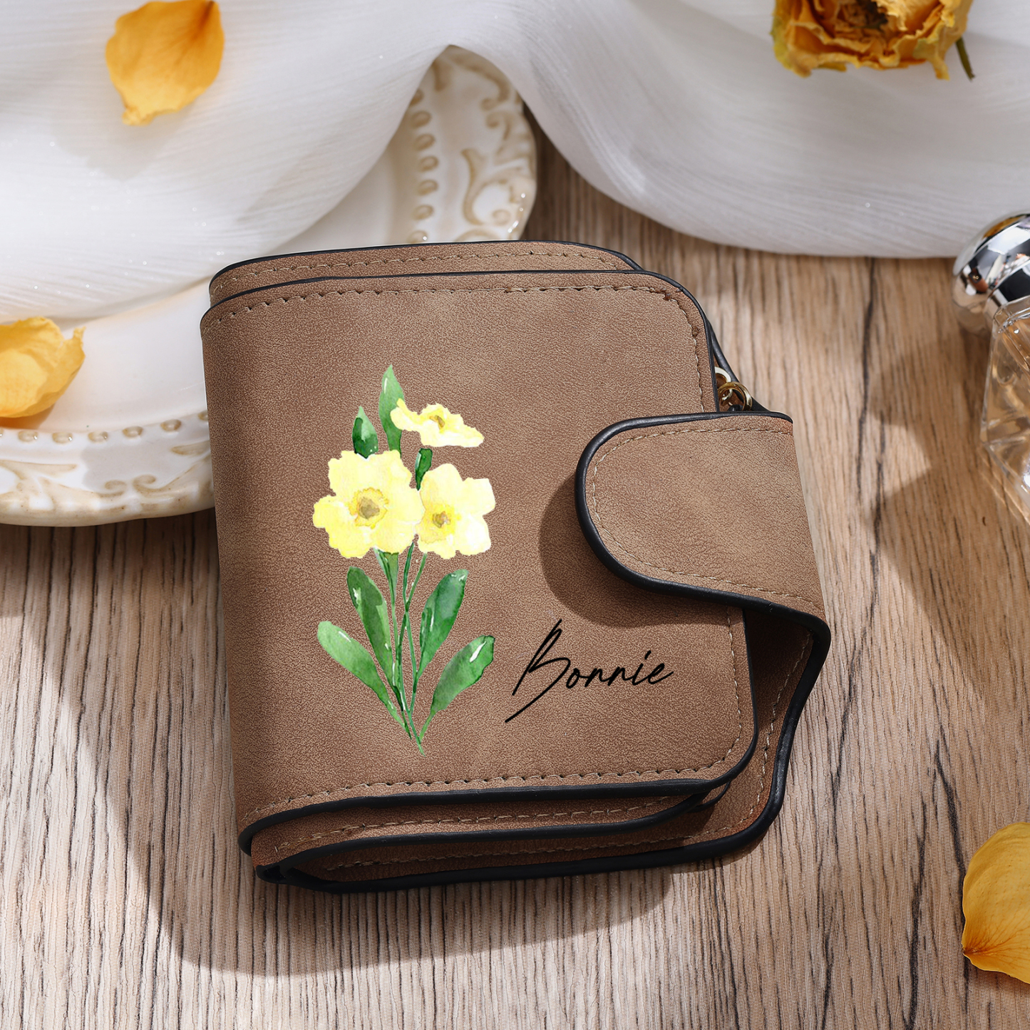 1 Name Personalised Birth Flower Women's Wallet - Custom Purse for Mum | Jessemade