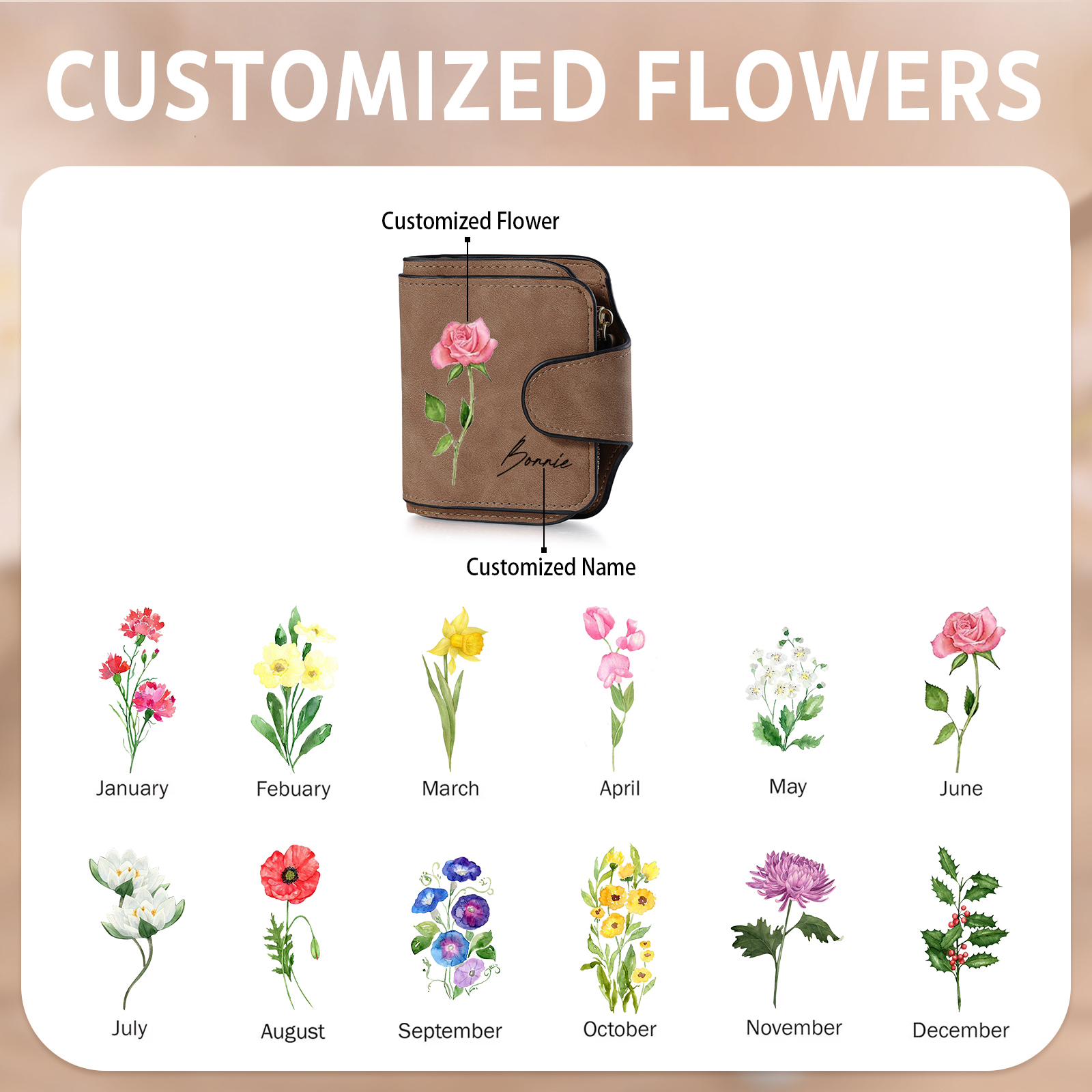 1 Name Personalised Birth Flower Women's Wallet - Custom Purse for Mum | Jessemade