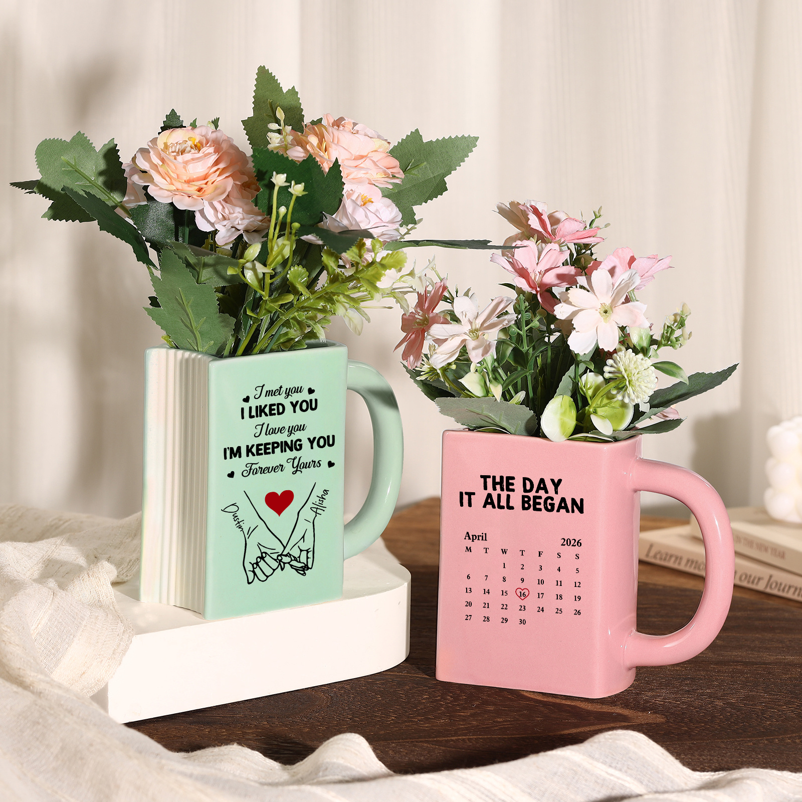 Personalised Ceramic Book-Shaped Vase with 2 Names and Date for Couples