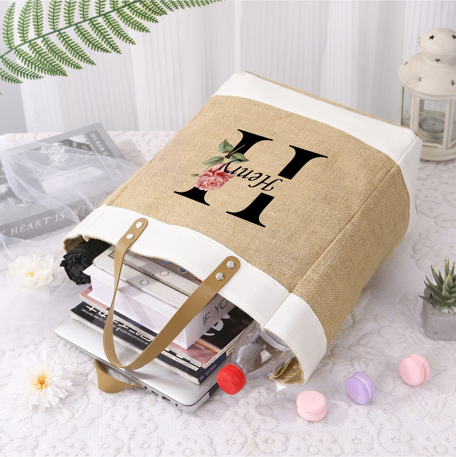 Personalized Jute Tote Bag, Birth Flower Monogram