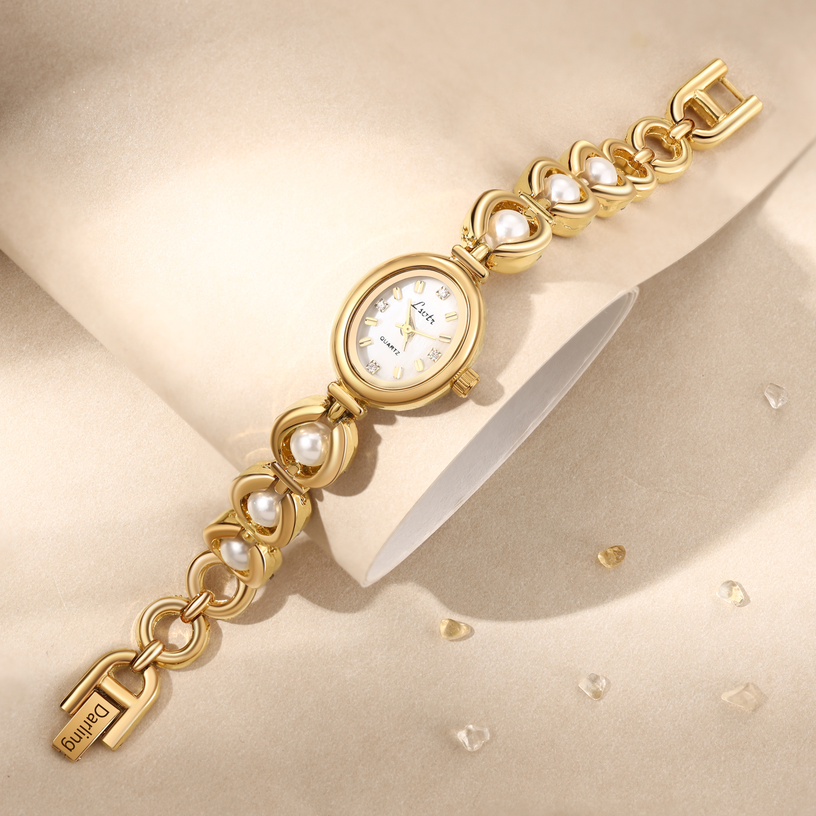 Personalized Women's Watch - Elegant Gold Bracelet Watch with Pearls - Customize with 1 Name Gift for Her | Jessemade
