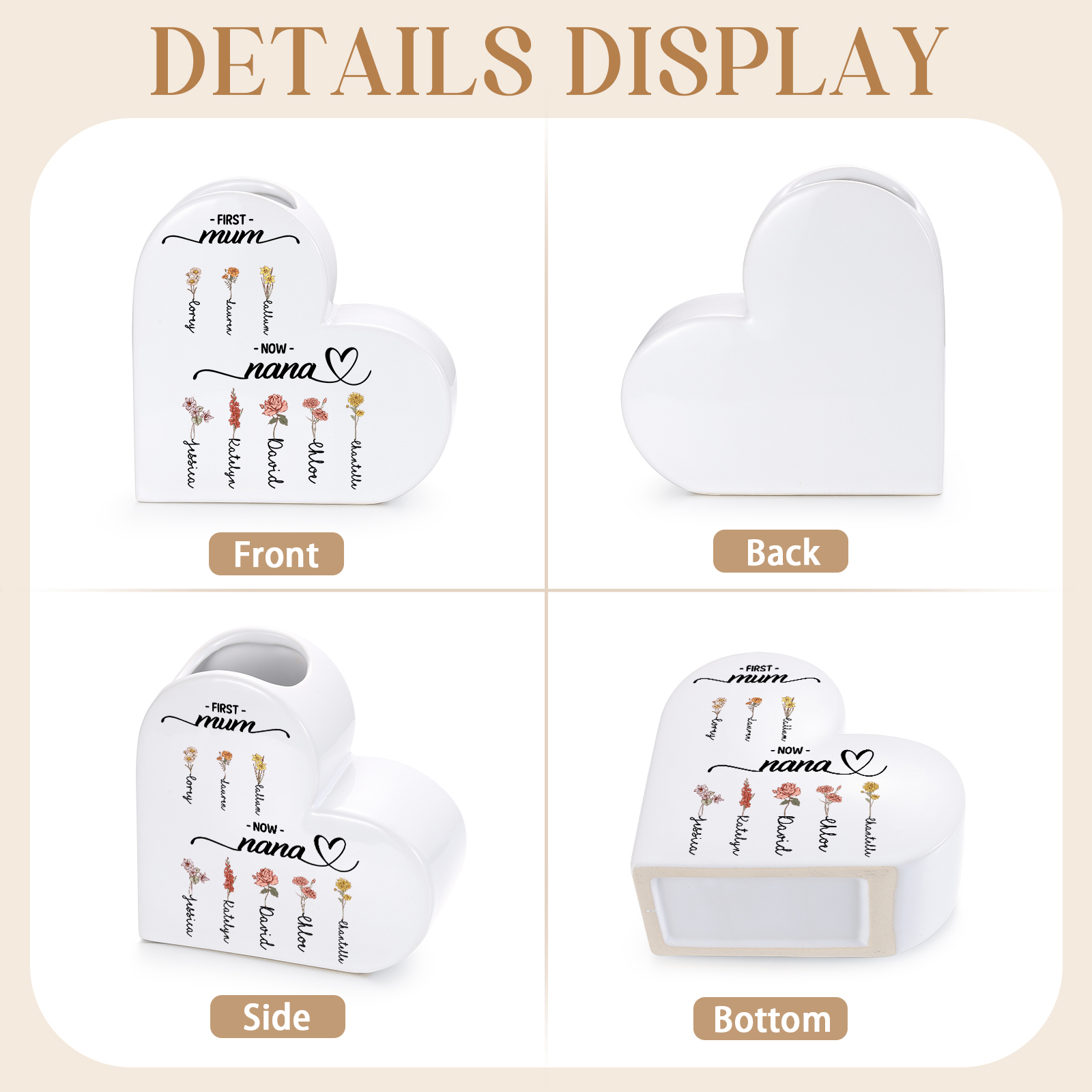 Personalised Ceramic Heart Vase with 2–12 Birth Flowers and Names