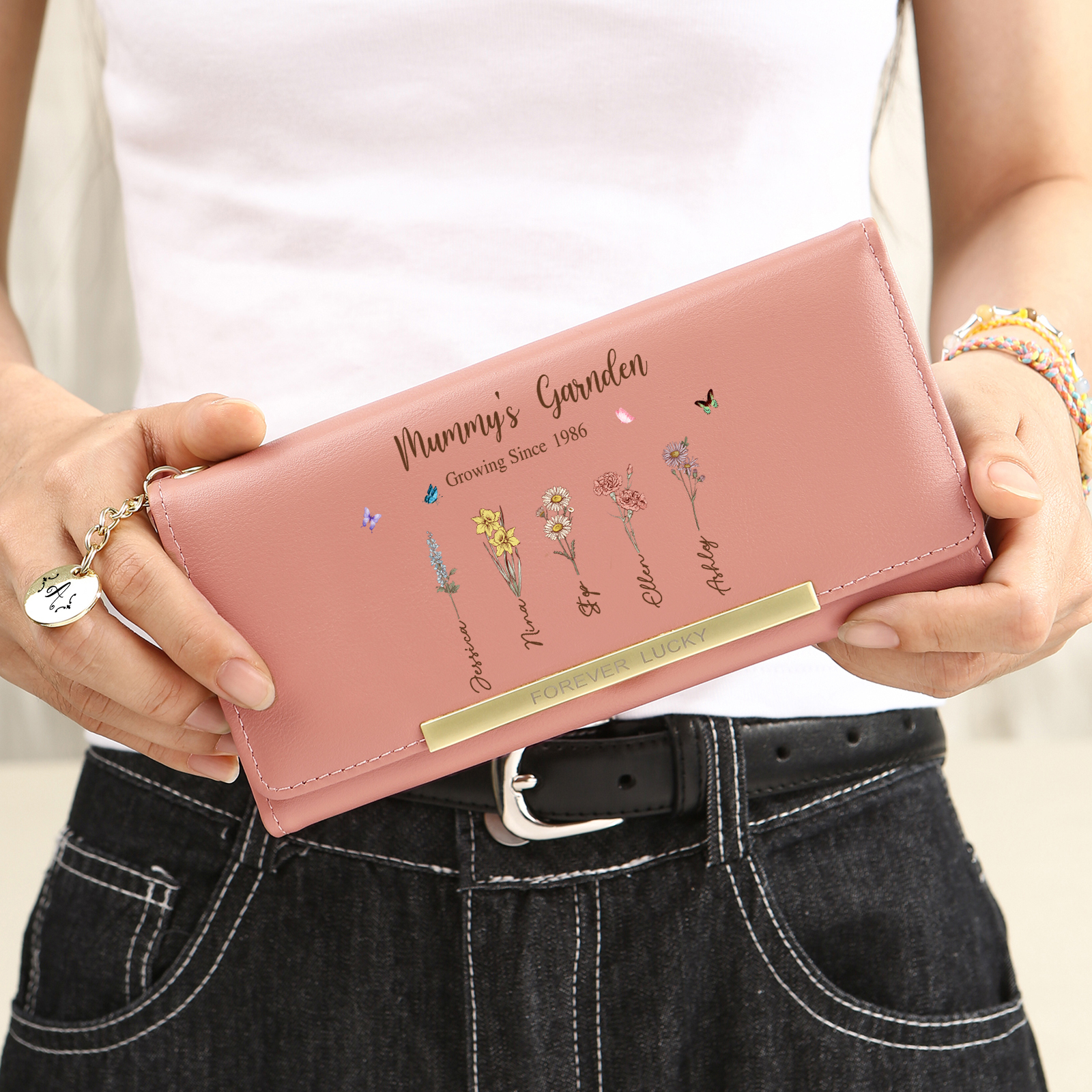 Personalised women’s leather wallet “Mum’s Garden”, designed with 1 to 8 birth flowers and names