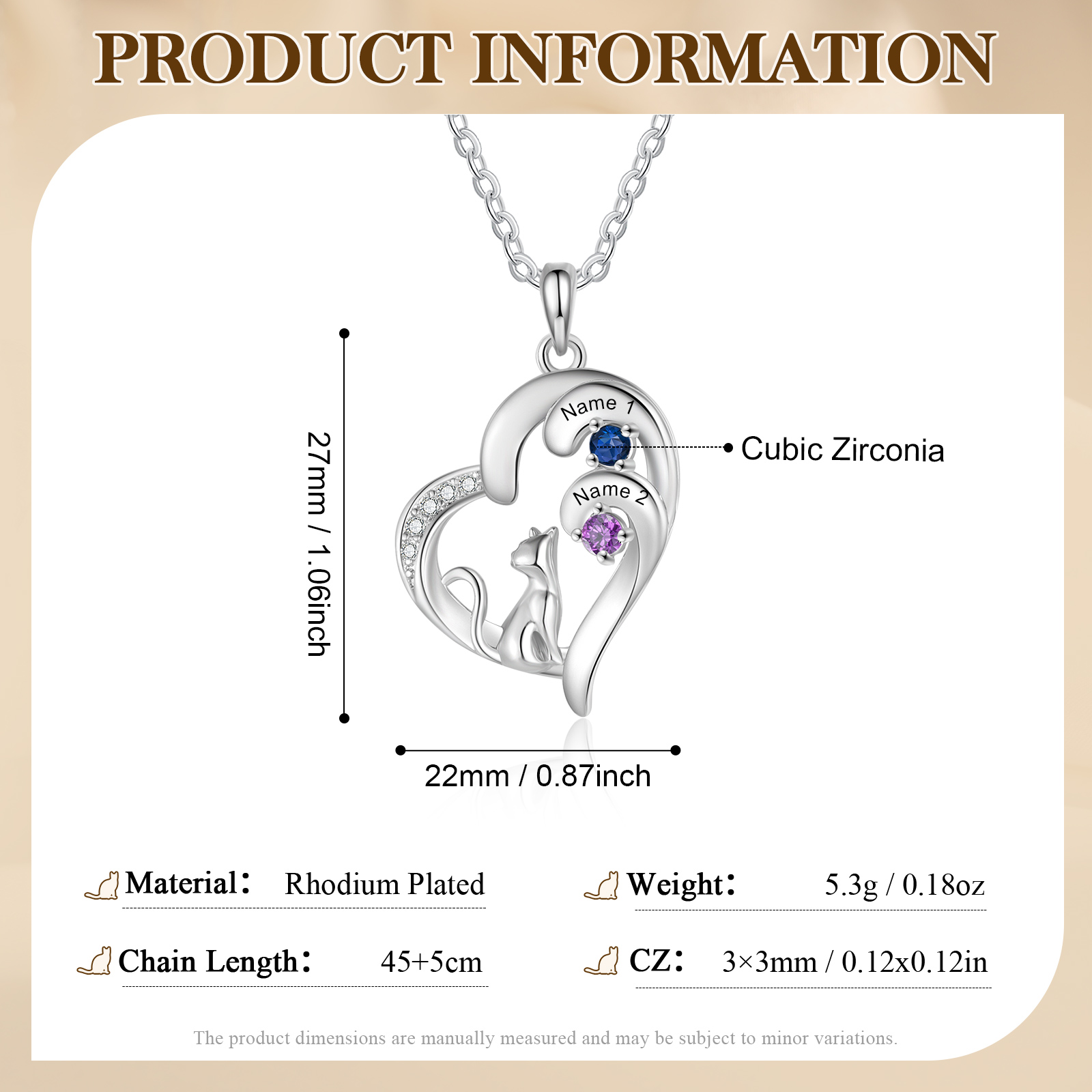 Personalised Cat Heart Necklace with Birthstones