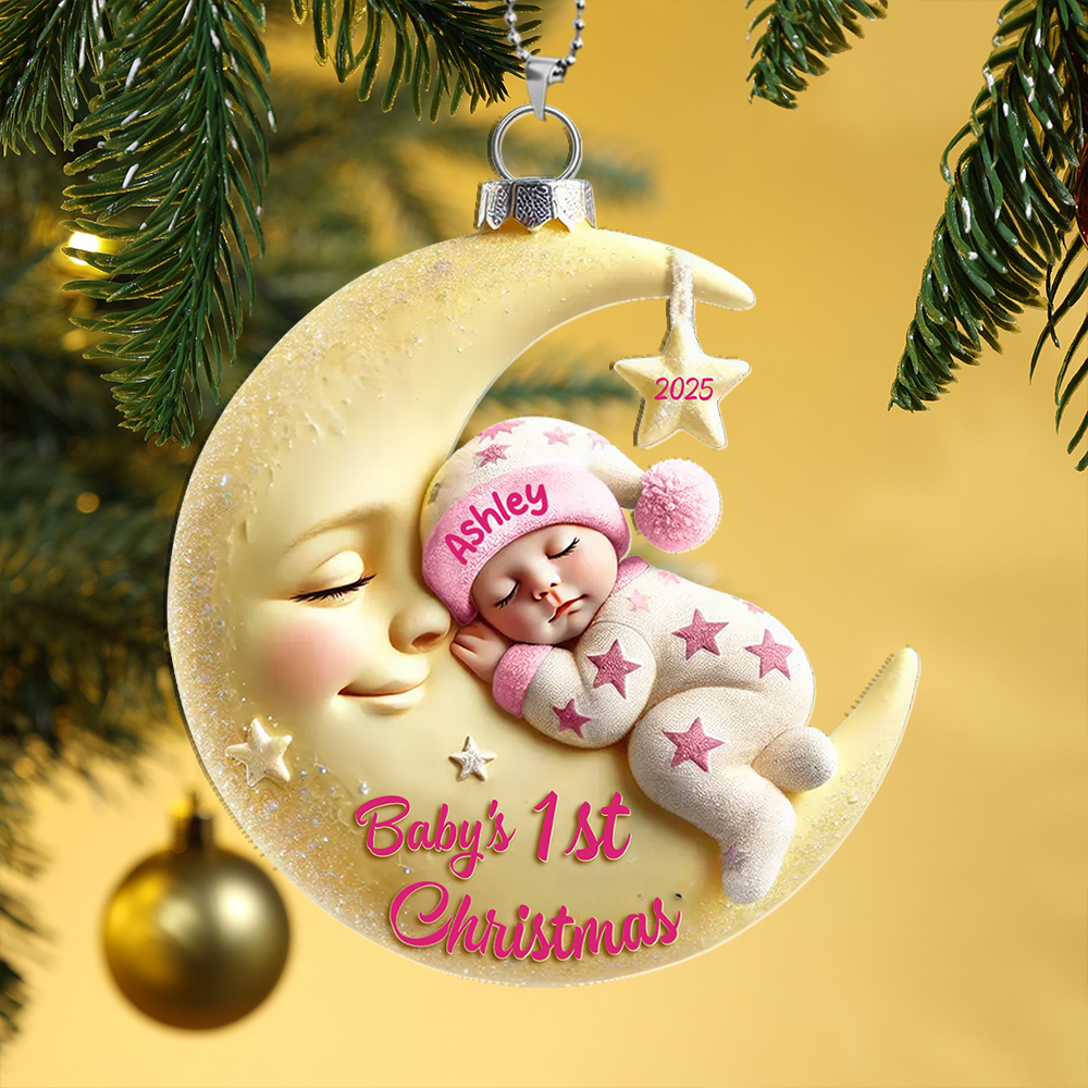 Acrylic Christmas Tree Decoration - Baby on the Moon - Baby's First Christmas