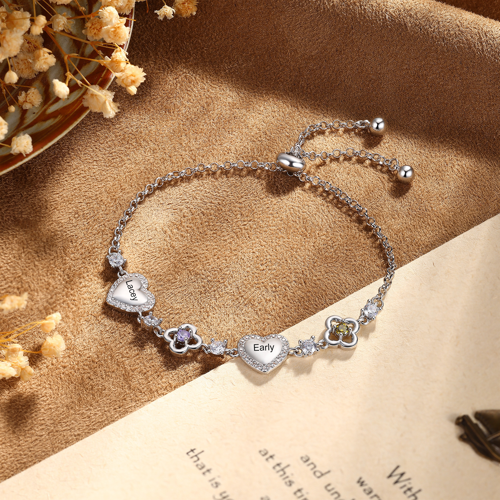 Personalised Birthstone Bracelet with Heart and Flowers, Customised with 2–5 Names and Stones